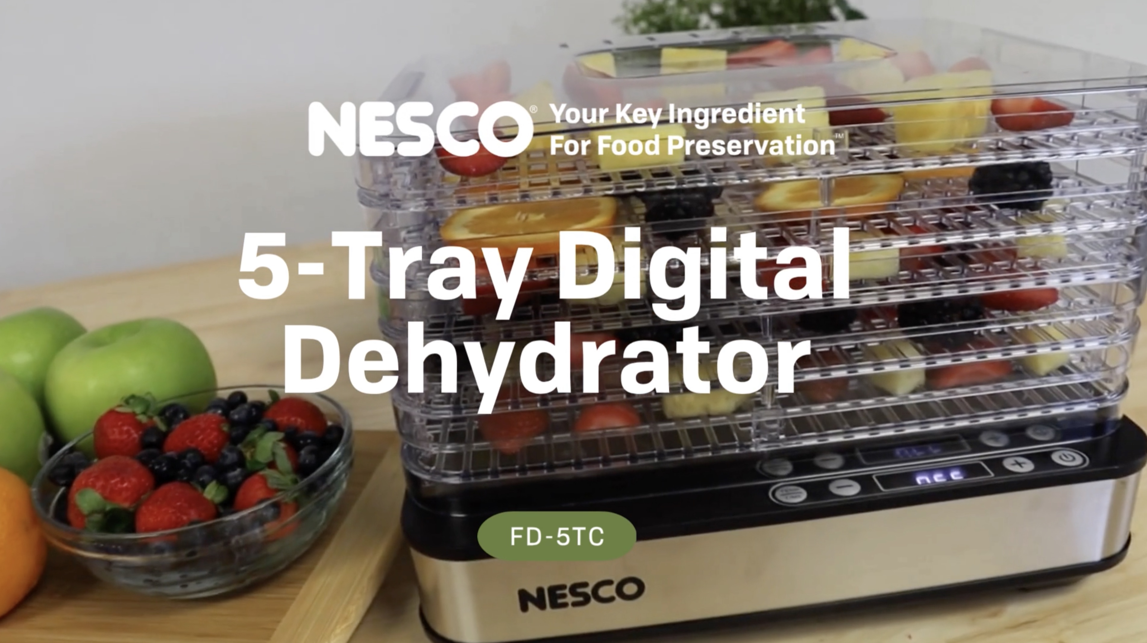 thumbnail video image 2 of NESCO 5-Tray Rectangular Food Dehydrator, 420W Adjustable Temp Food Dehumidifier with Digital Timer and Bottom-Mount Fan for Beef Jerky, Vegetables & Herbs, FD-5TC, 2 of 14