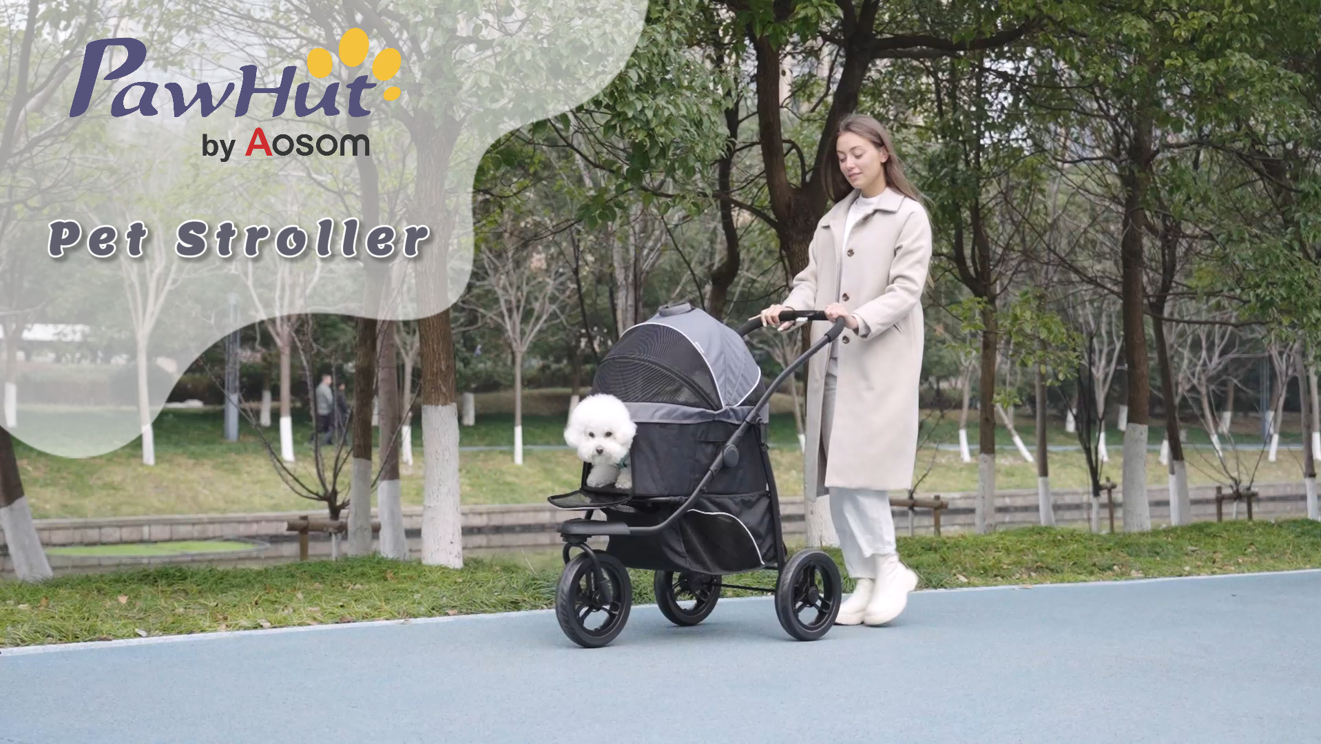 thumbnail video image 2 of PawHut 3 in 1 Pet Stroller for Small Dogs and Cats, 3 Wheels Dog Jogging Stroller with Detachable Carrier, Storage Basket, Gray, 2 of 10