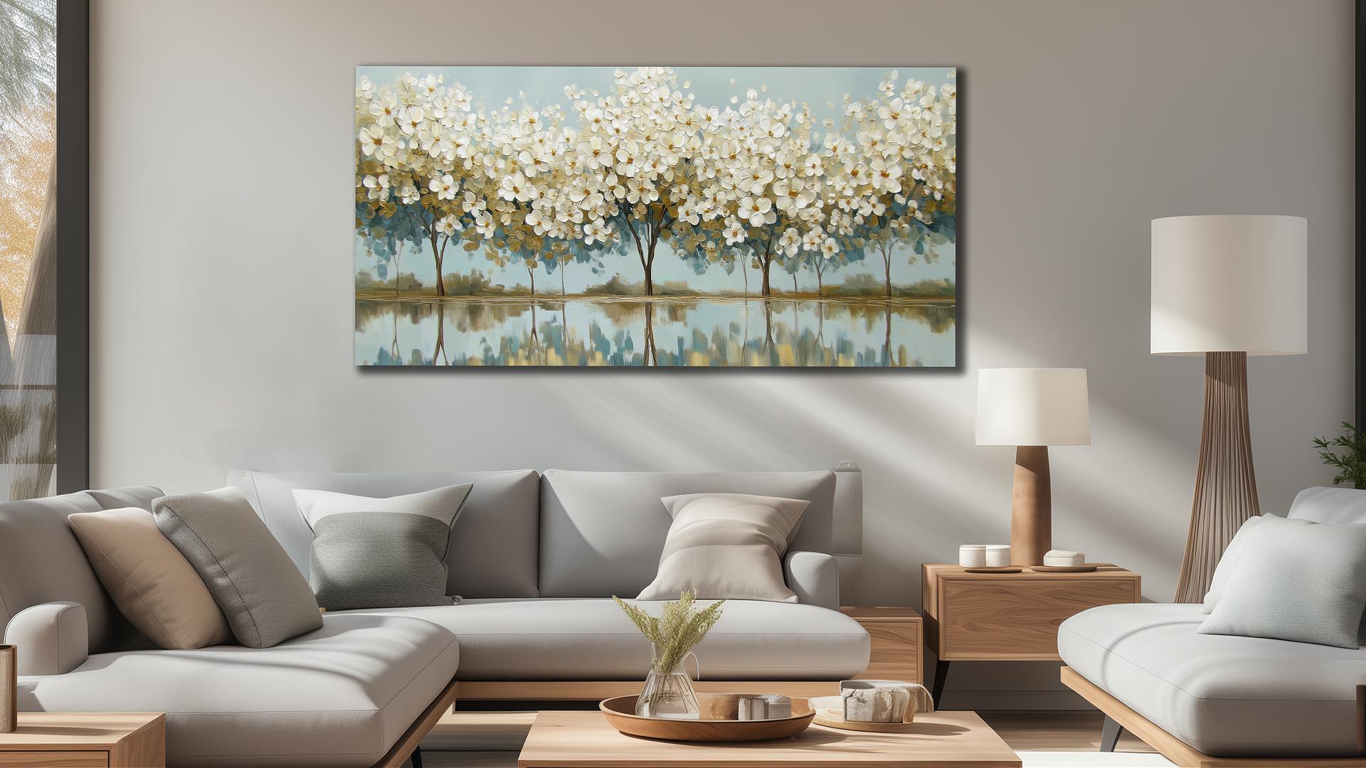 thumbnail video image 2 of White Flower Tree Canvas Wall Art, Neutral Floral with Lake Reflection Print Wall Decor, 58x29 Inches Botanical Picture for Living Room Bedroom Farmhouse Home Decoration, 2 of 8