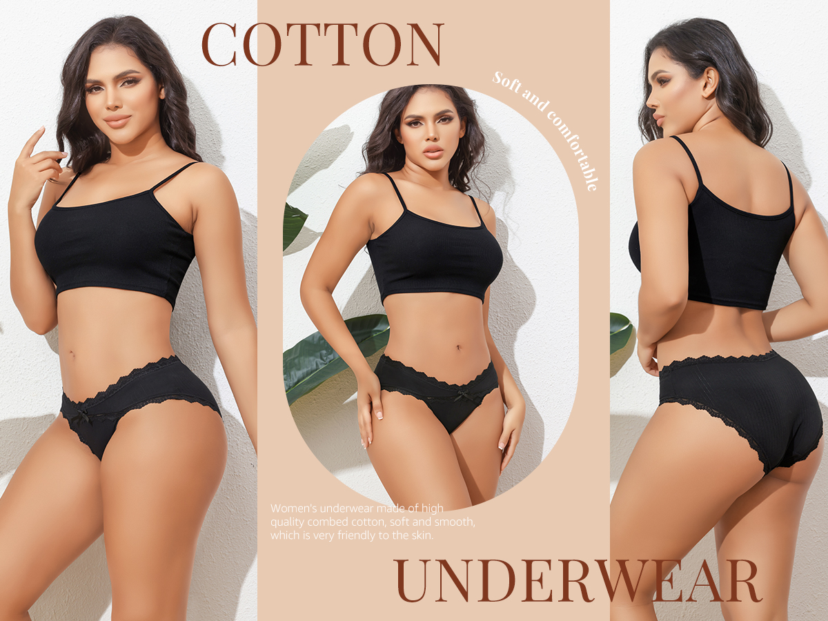 thumbnail video image 2 of Aijolen Cotton Underwear for Women Lace Edge Bikini Cheeky Panties Ladies Briefs 6 Pack(L,Black), 2 of 8