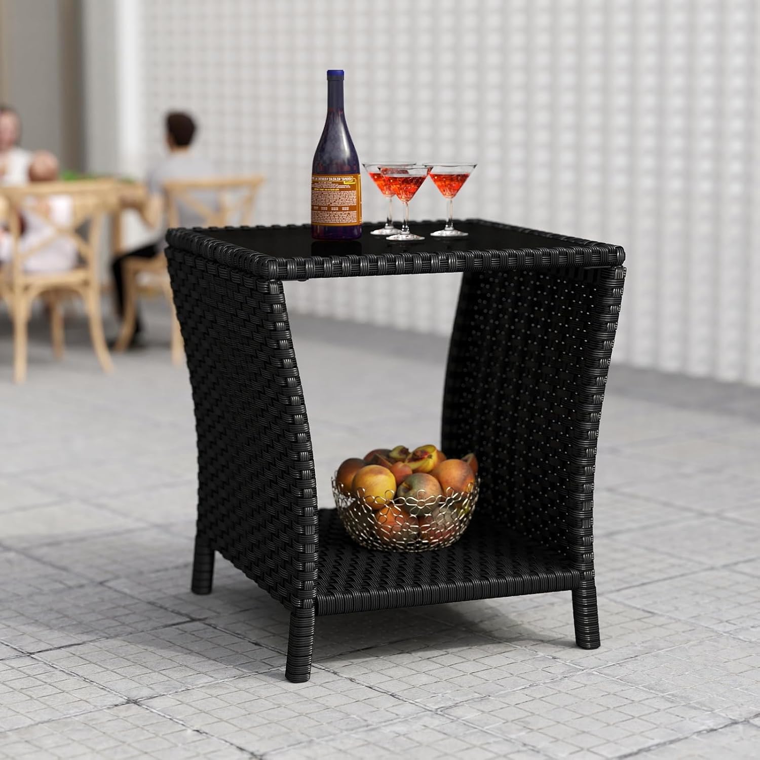 thumbnail video image 2 of Kinbor Outdoor Side Table Wicker Rattan Side Tables, End Table for Patio with Glass Top Rattan Storage, Black, 2 of 8
