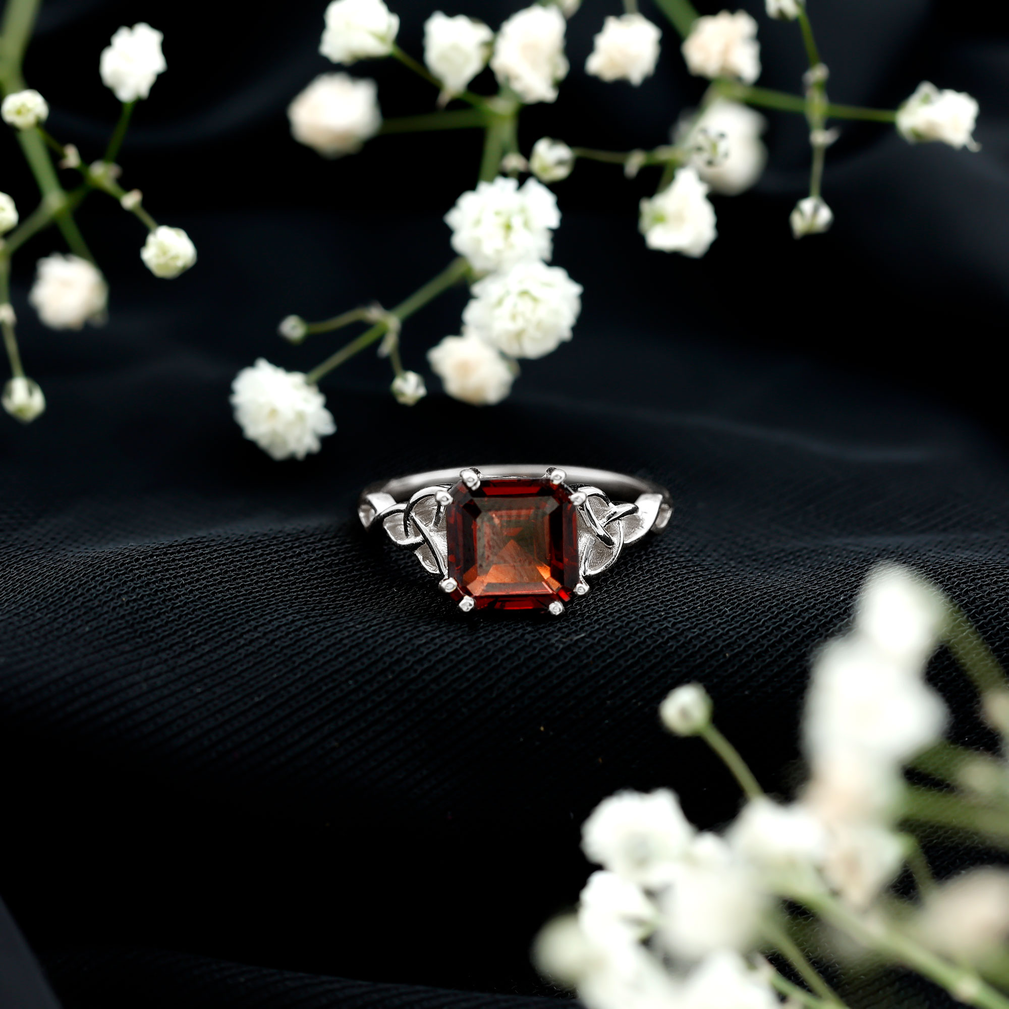 thumbnail video image 2 of Rosec Jewels Real Garnet Solitaire Engagement Ring for Women - 8 mm Asscher Cut Garnet Celtic Knot Ring (AAA Grade) - with Jewelry Box, 18K Yellow Gold, US 7.50, 2 of 8