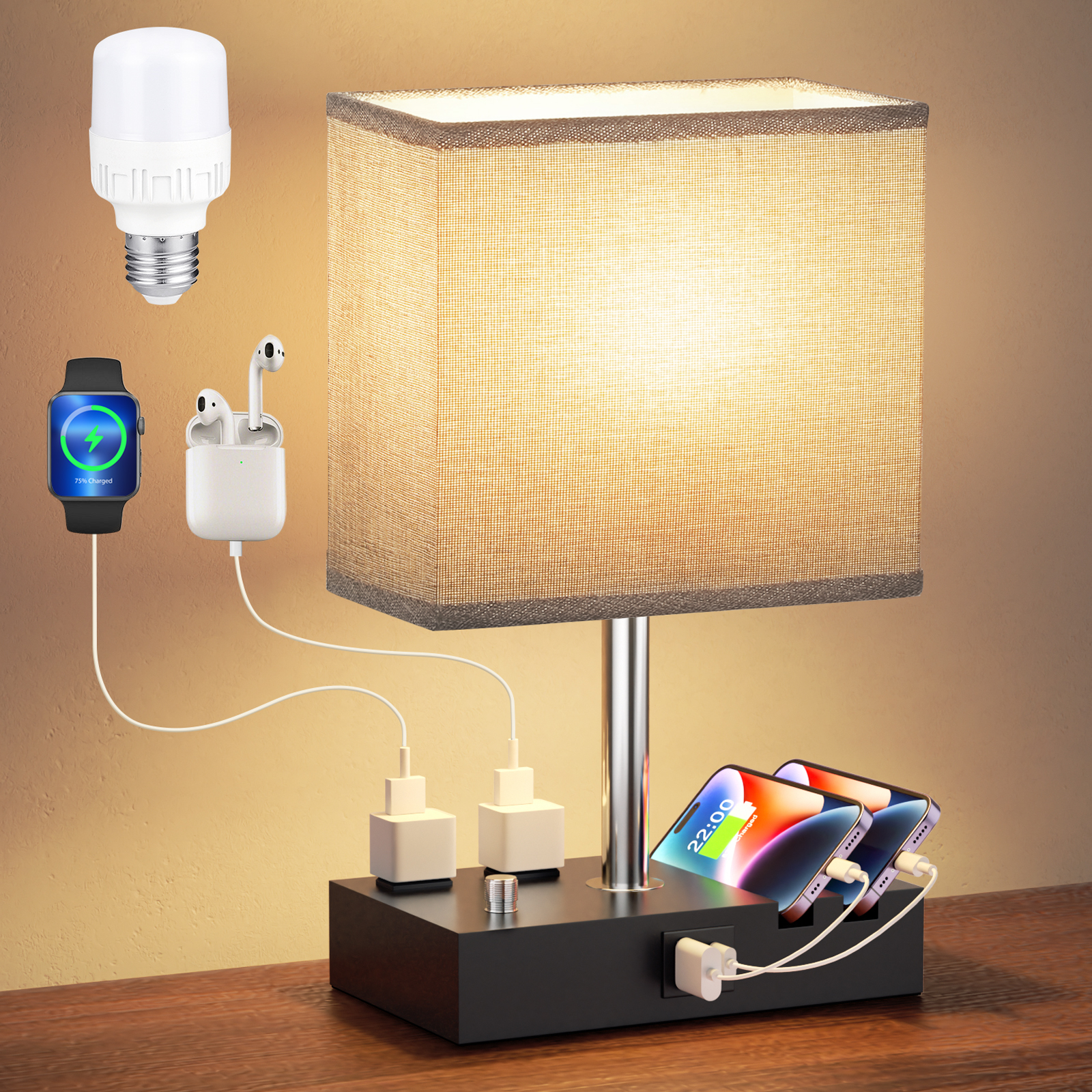 thumbnail video image 2 of NiteLoom 16.3" Bedside Table Lamp with USB A+C Ports & 2 AC Outlets, Dimmable Nightstand Light for Bedroom, Living Room, Dorm, Office, 2 of 9