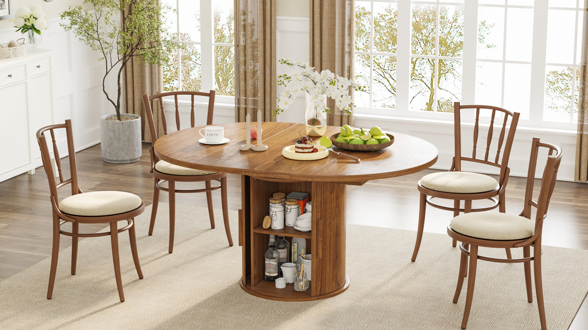 thumbnail video image 2 of Pusnapku Extendable Circle Dining Table for 4-8, Modern 43"-59" Oval Kitchen Table with Storage, Fluted Sliding Door, Round Pedestal, for Living Room, 2 of 10