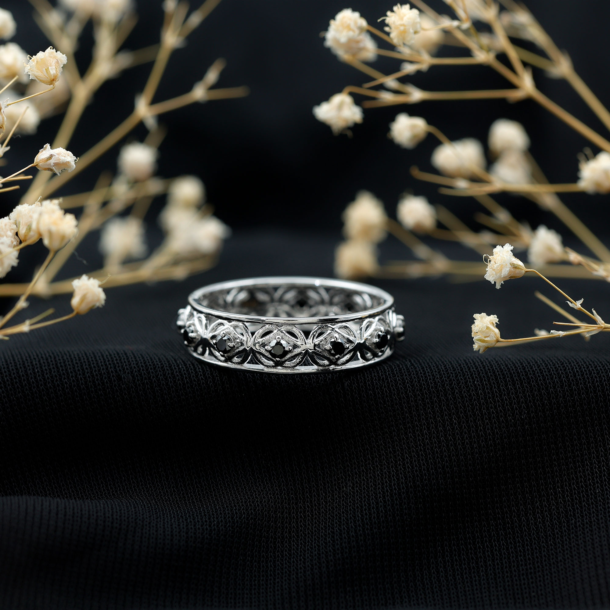 thumbnail video image 2 of Rosec Jewels 1/4 CT Black Spinel Celtic Gold Band Ring for Women, 10K White Gold, US 9.50, 2 of 9