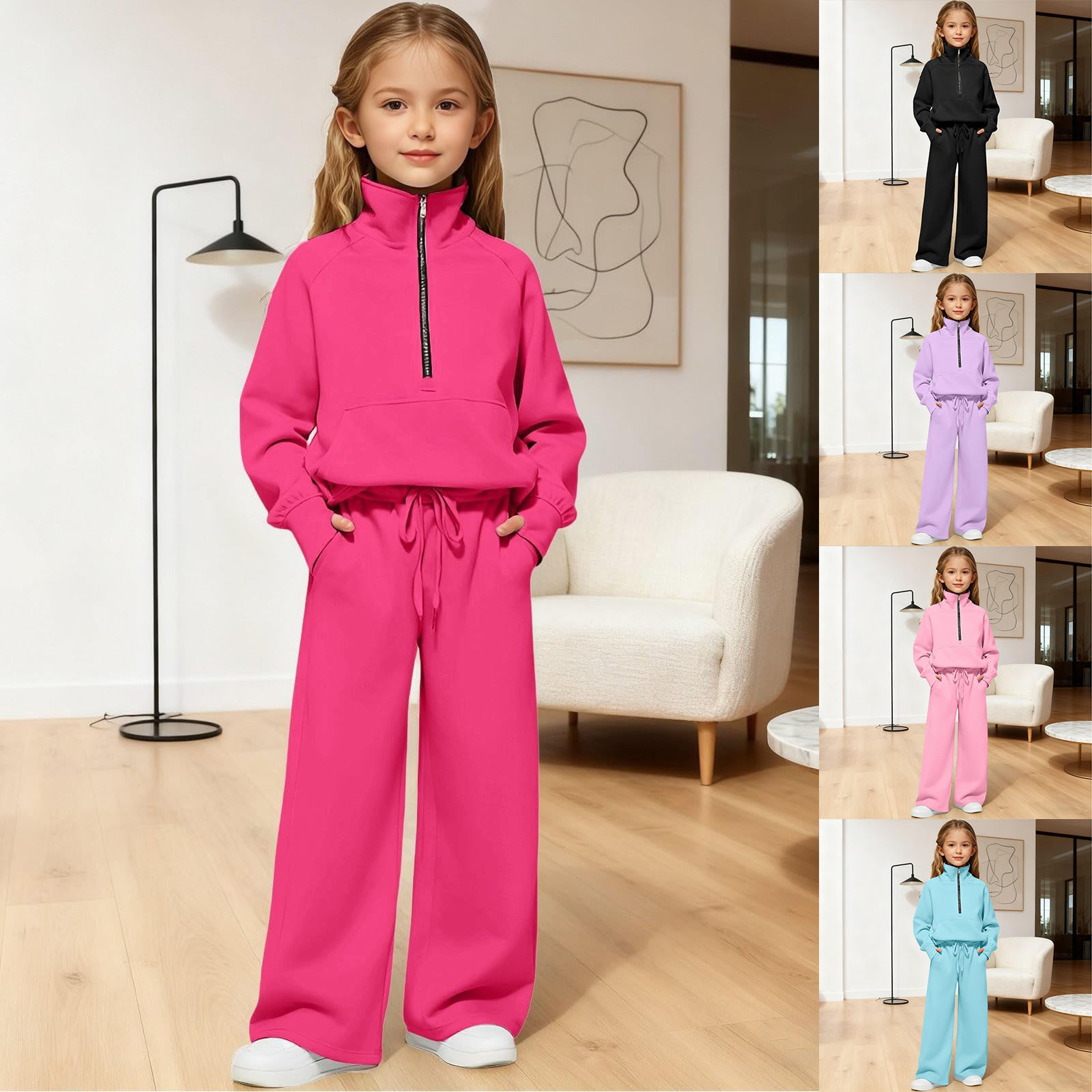 thumbnail video image 2 of SGMVNU Girls Sweatsuit Set 2 Piece Outfits Solid Zipper Hooded Sweatshirt and Wide Leg Sweatpants Fall Winter Clothes with Pockets(Size 11-12 Years,th6_1-Pink), 2 of 10