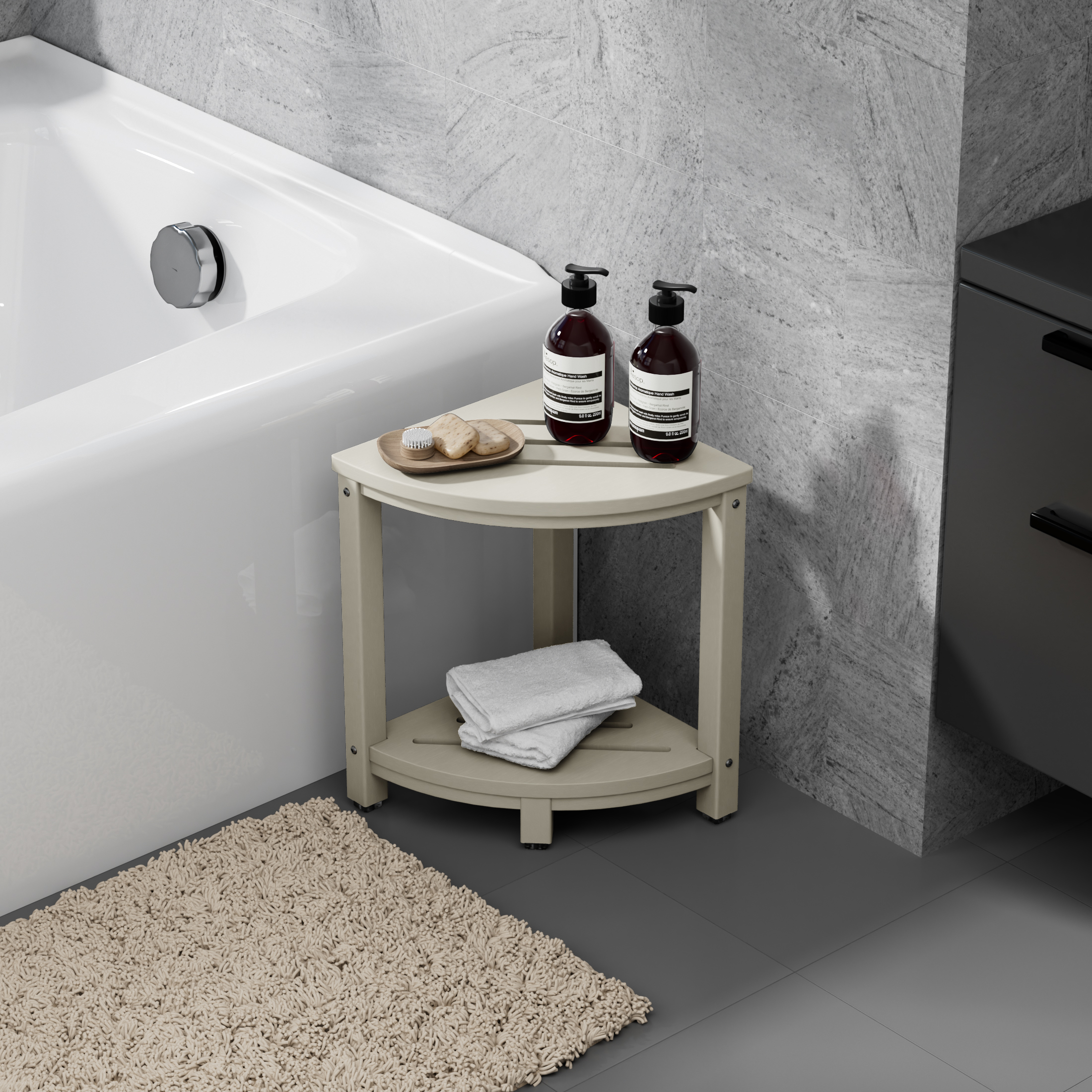 thumbnail video image 2 of WestinTrends Sage HDPE Plastic Waterproof Shower Corner Bench, Weathered Wood, 2 of 16