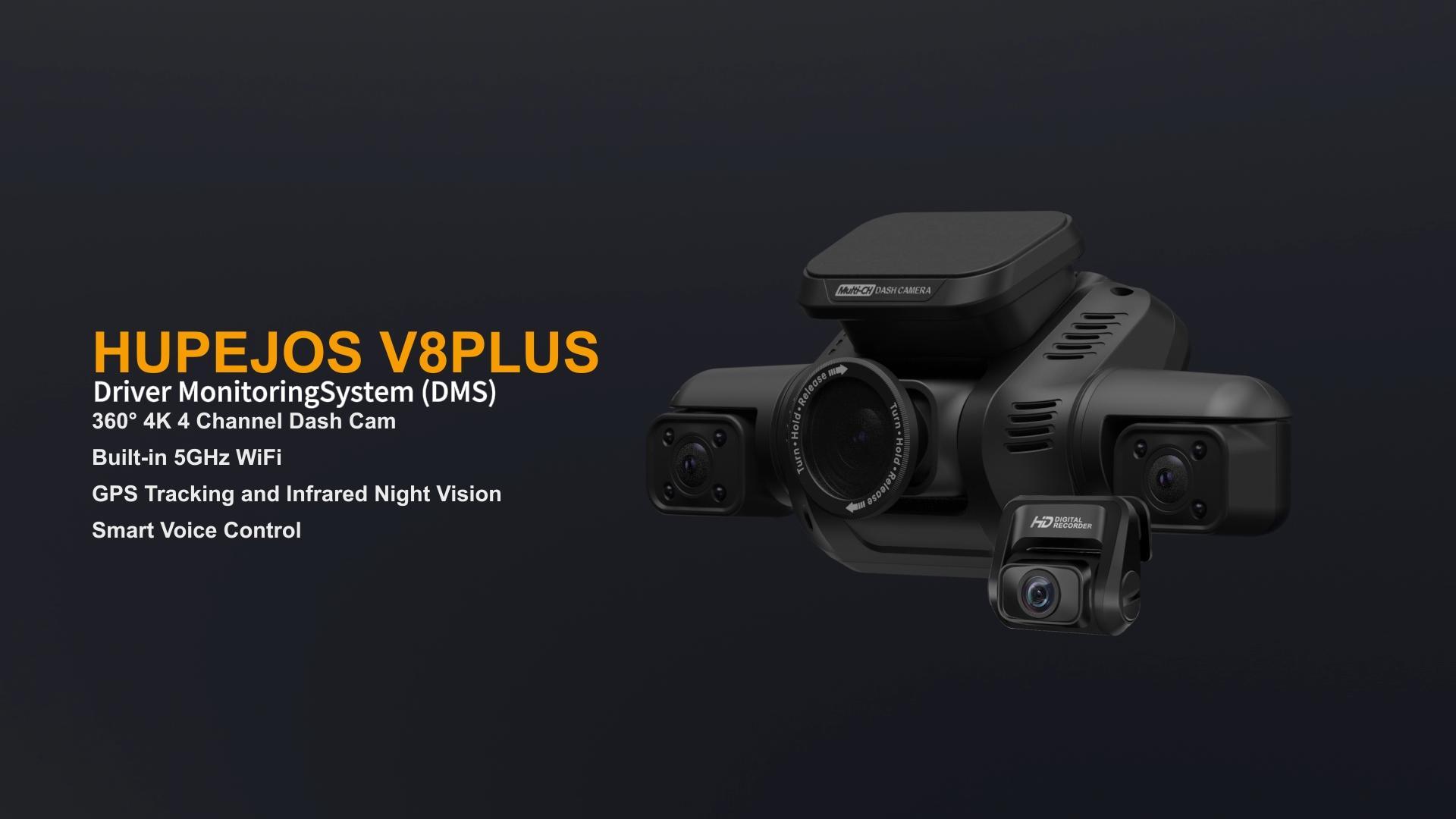 thumbnail video image 2 of HUPEJOS 4K Dash Cam with Driver Monitoring System, 360° GPS Dashcam Front and Rear Inside, 4-Channel Car Camera 64GB SD Card, 5GHz WiFi, APP Supported, Night Vision, CPL Filter,Parking Mode, 2 of 11