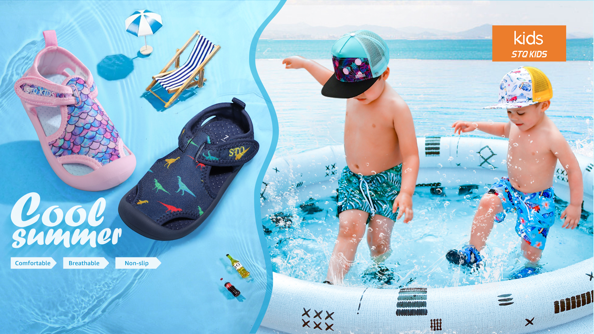 thumbnail video image 2 of STQ Boys Water Shoes Lightweight Comfortable Non-Slip Swim Sandals Royal Blue/Shark, 8 M US Toddle, 2 of 6