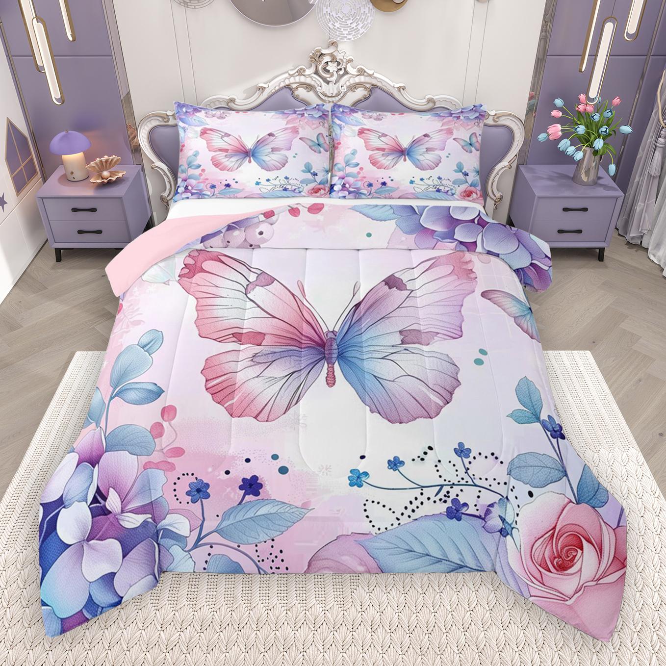 thumbnail video image 2 of Manfei Pink Chic Butterfly Bedding Comforter Set,Colorful Leaves Twin Comforter Sets,Rustic Plant Bedding Set For Girl,Luxury Bedroom Decor Reversible,2pcs, 2 of 9