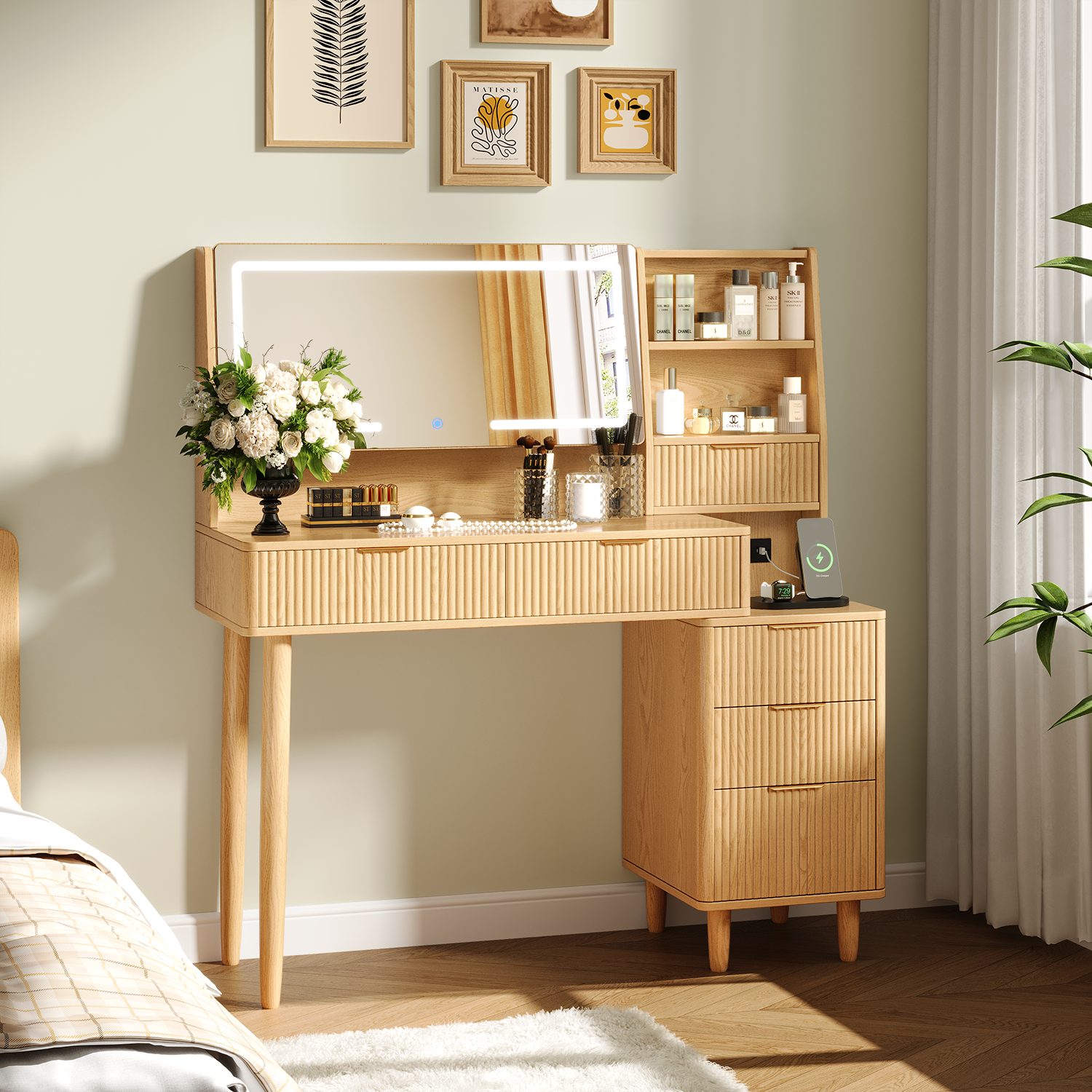 thumbnail video image 2 of UGTOO 45.2" Modern Vanity Desk with LED Mirror & USB Charging, Wood Makeup Dressing Table with 7 Drawers for Bedroom, 2 of 9