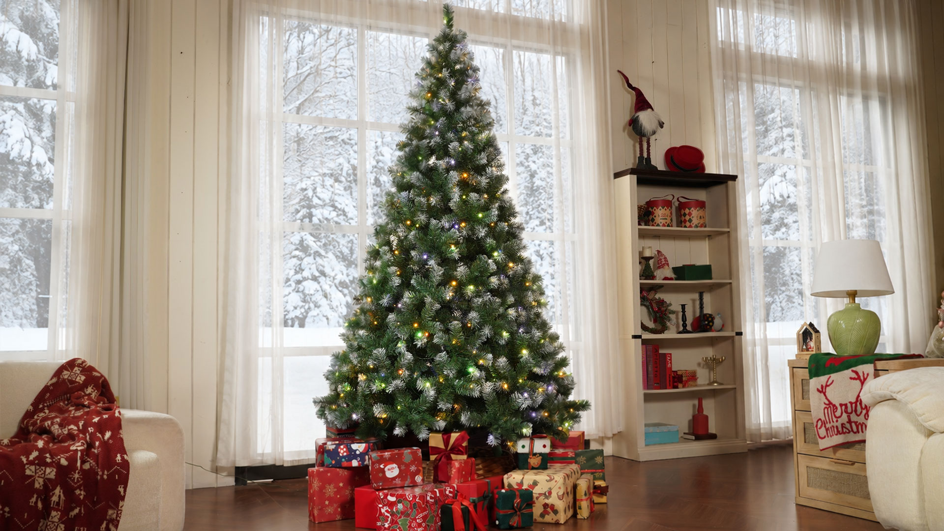 thumbnail video image 2 of Yexmas 9ft Pre-Lit Green Christmas Tree, 11 Modes Colored LED Lights, Artificial Xmas Tree with Large Storage Bag, 2 of 20