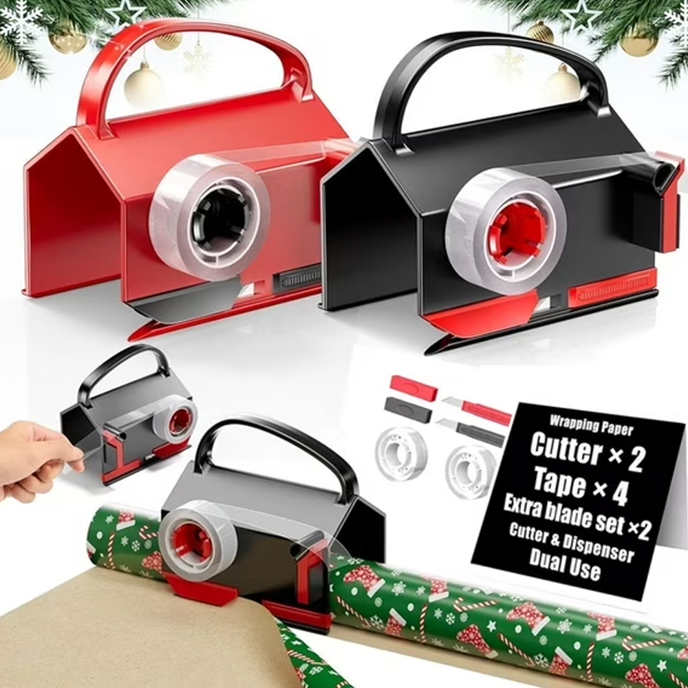 thumbnail video image 2 of Wiher Wrapping Paper Cutter & Tape Dispenser, Gift Wrap Cutter Tool Dual Use Sliding Design with 4 Tapes & 2 Replacement Blades for Holiday & Birthday Gift Wrapping Paper Roll, 2 Pack（Black Red）, 2 of 8