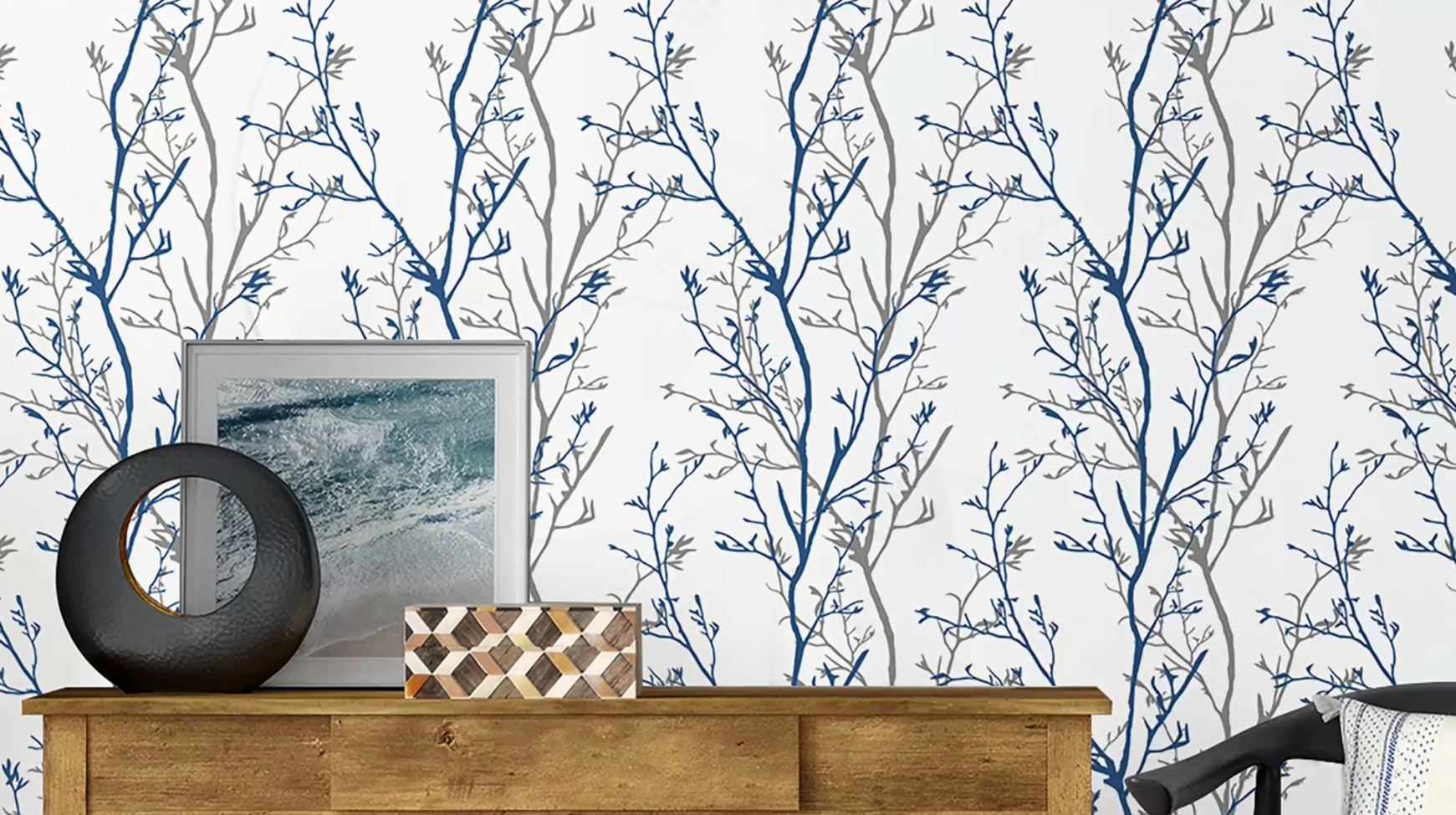 thumbnail video image 2 of Caltero Peel and Stick Wallpaper Grey Blue Tree Branch Self Adhesive Wallpaper,17.7" x 590", 2 of 10