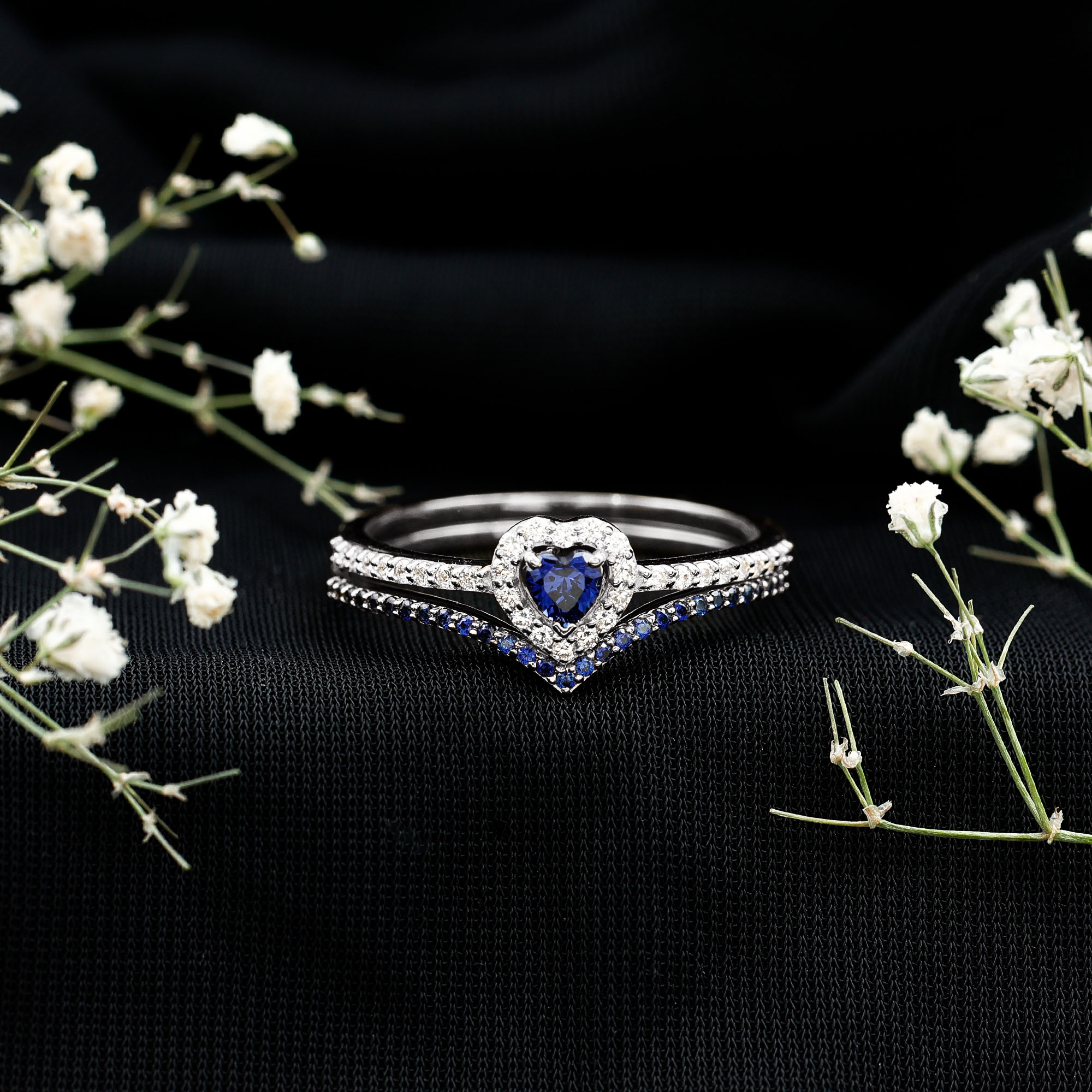 thumbnail video image 2 of Rosec Jewels Lab Grown Blue Sapphire Heart Shaped Wedding Ring Set for Women - Blue Sapphire Diamond Engagement Ring with Enhancer, 18K White Gold, US 7.00, 2 of 8