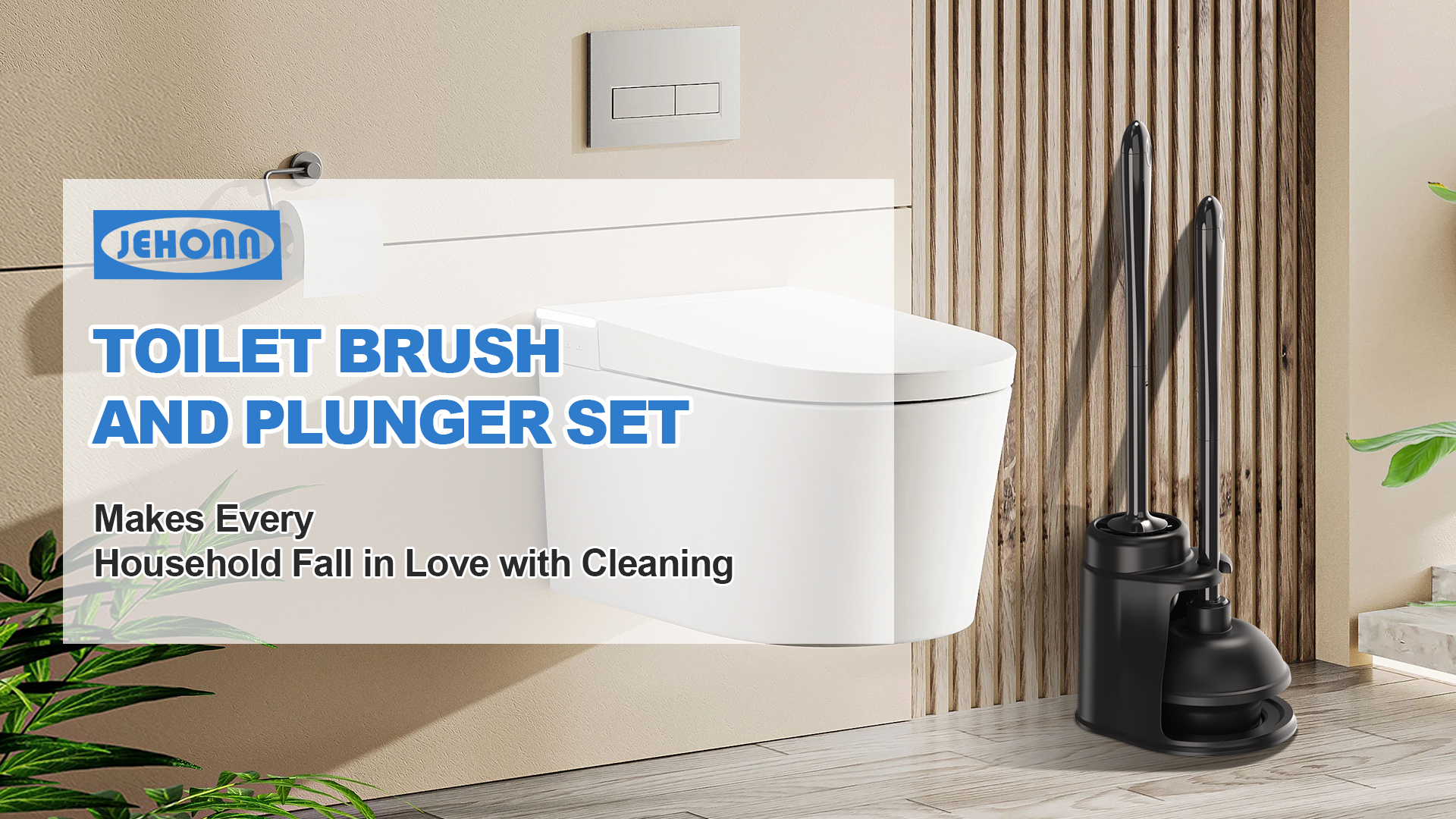thumbnail video image 2 of JEHONN Toilet Plunger and Brush Set Black with Holder and Hidden Tweezers, 2 of 7