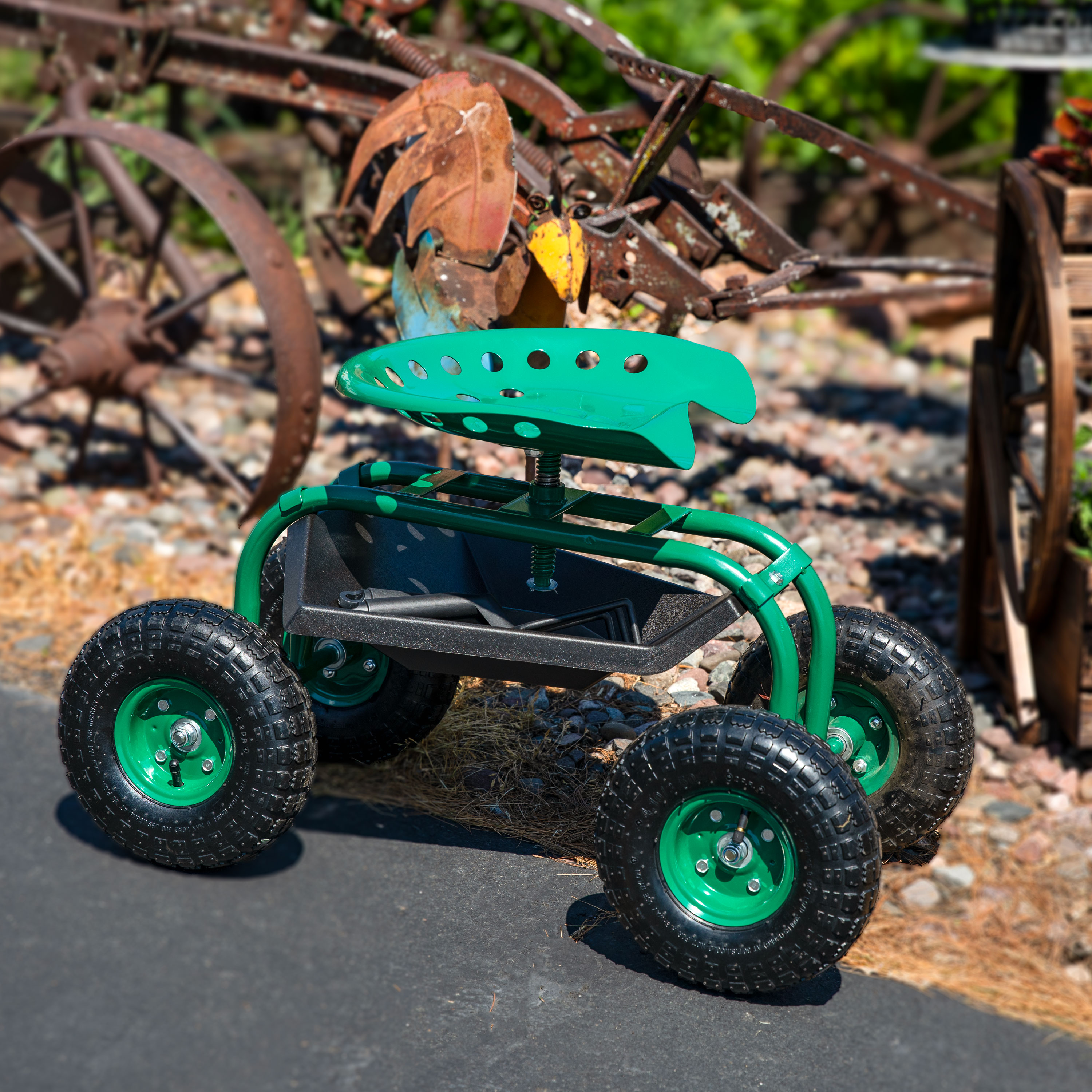 thumbnail video image 2 of Sunnydaze Steel Rolling Garden Cart Scooter with Swivel Seat and Tool Tray, Green, 2 of 10