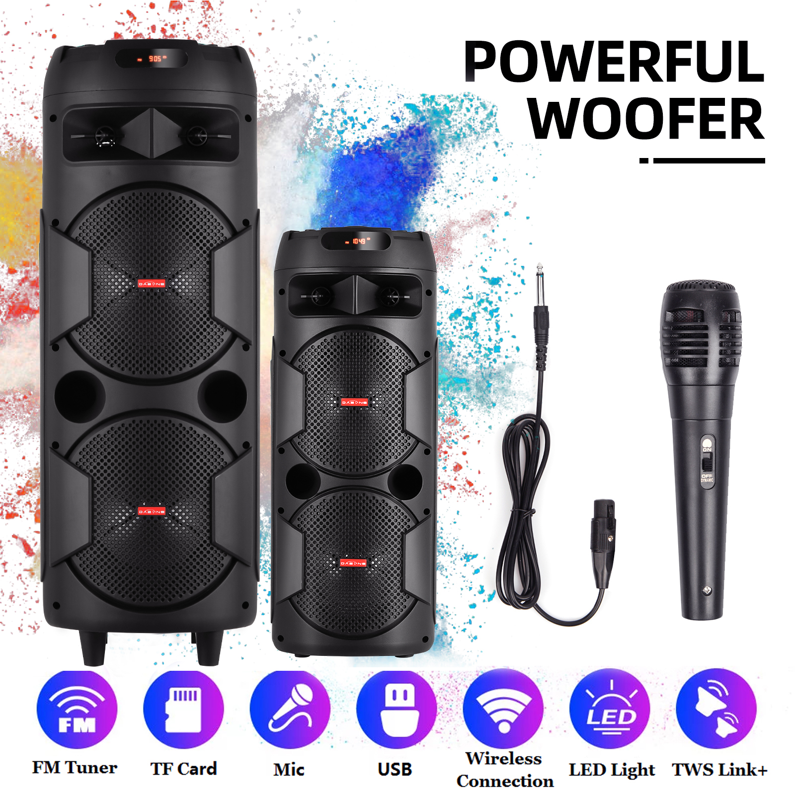 thumbnail video image 2 of RIDWIND 4000W Peak Power Bluetooth Speakers Portable Wireless Speaker with Double 6.5 inch Subwoofer Heavy Bass,FM Radio, Microphone, Lights, Remote Control TWS Stereo Sound System Speaker, 2 of 10