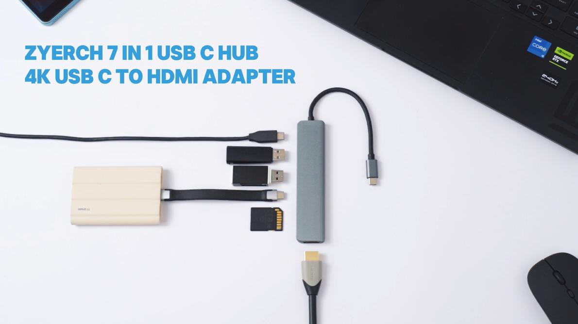 thumbnail video image 2 of Zyerch 7-Port USB C Hub with 4K HDMI, 100W PD, USB-C & USB 3.0, SD/TF Card Reader, 2 of 8