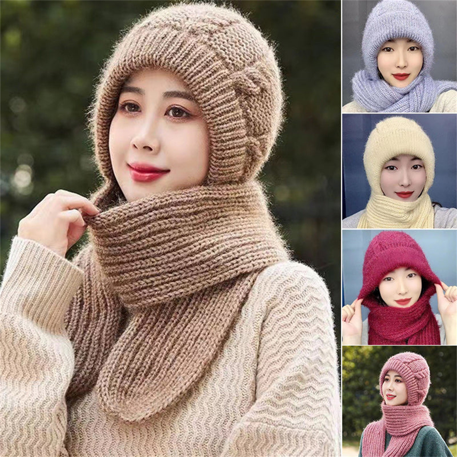 thumbnail video image 2 of GZWYHT Neck Gaiter,Neckerchief Integrated Ear Windproof Cap Scarf Knitting Thick Warm Ear Guard Hat Hooded Scarf Women Winter Knitted Hat Scarves for Women Lightweight,Clearance,Womens Scarves Grey, 2 of 9