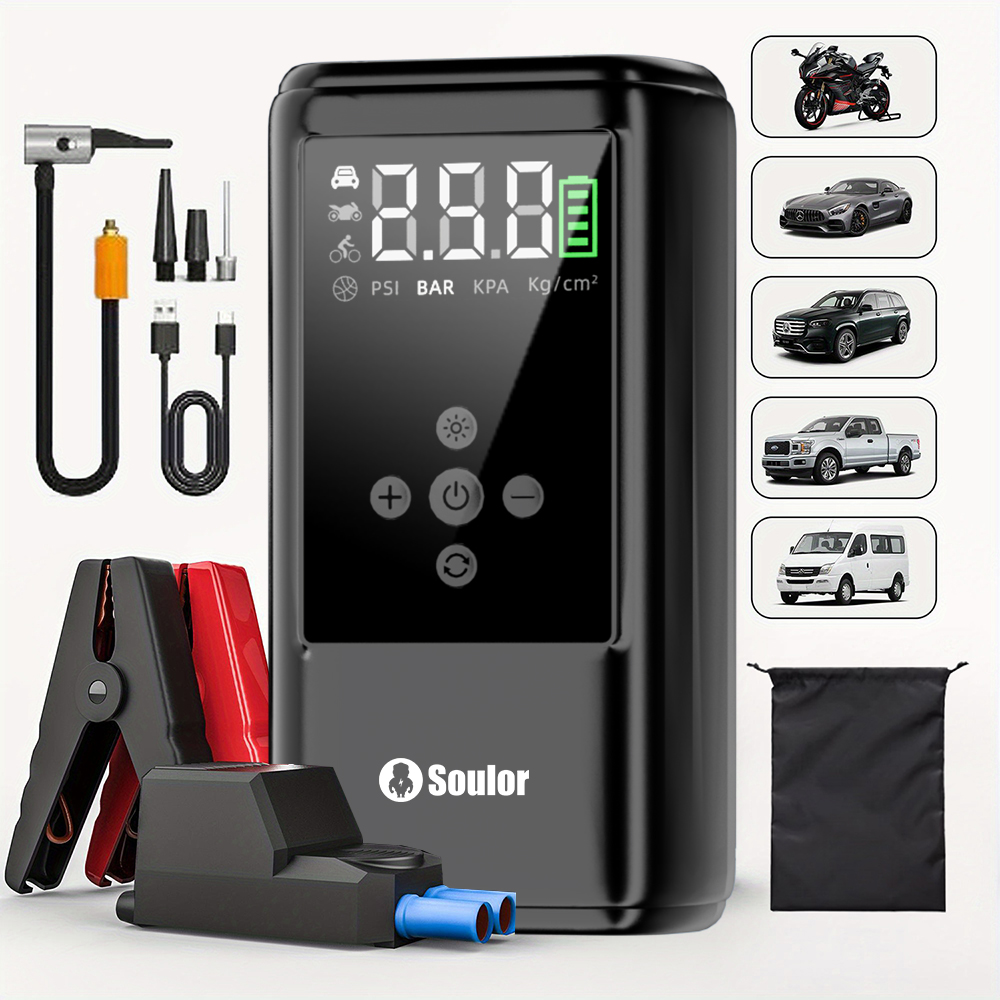 thumbnail video image 2 of Soulor Jump Starter with Air Compressor, 6000A Battery Jumping Starter (Suitable for Gasoline and Diesel Vehicles),Three Emergency Lights Modes, 2 of 11