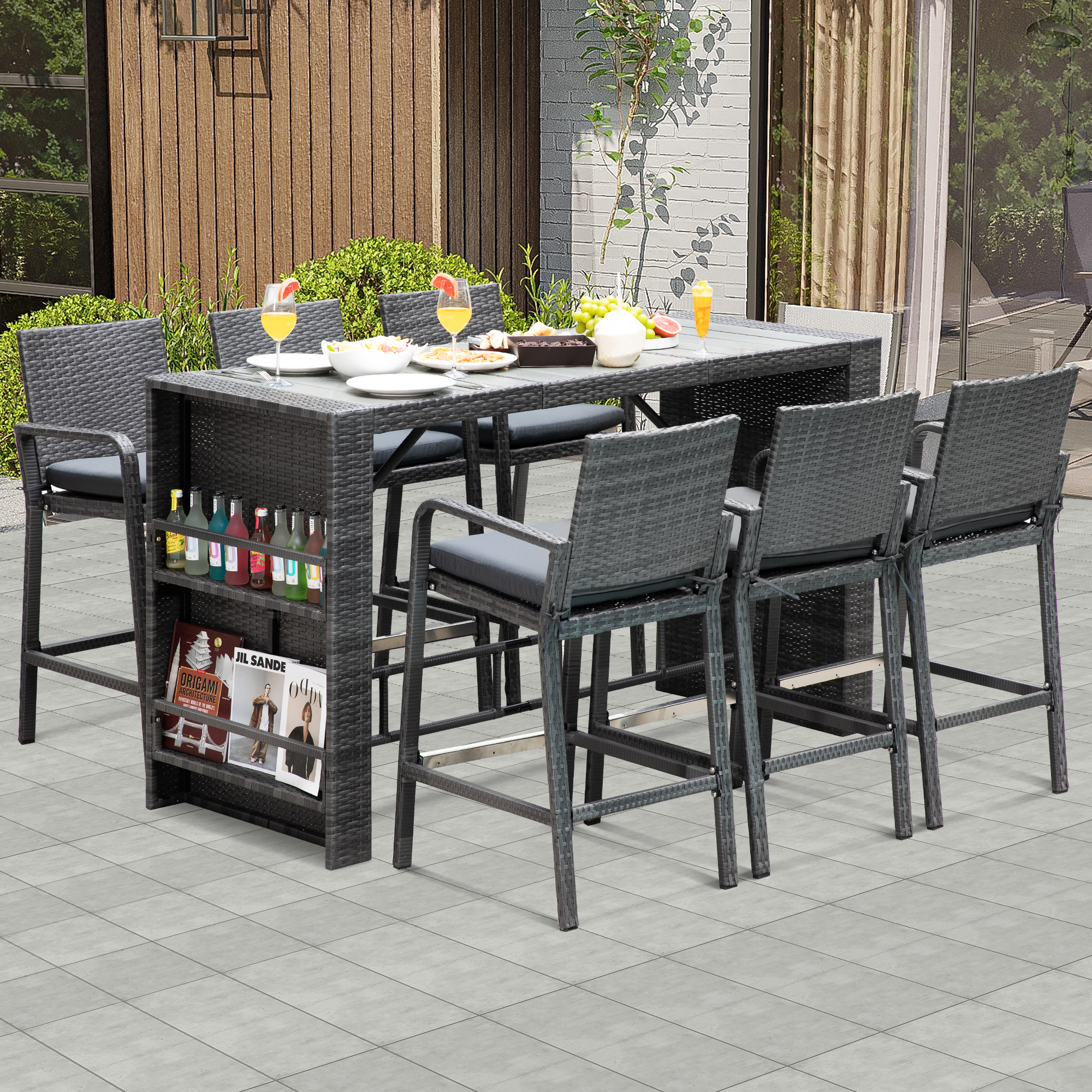 thumbnail video image 2 of RADIATA 7-Piece Outdoor Bar Set, Patio High Top Table and Chairs with Stools, Bar Height Wicker Furniture for Backyard, Courtyard, and Poolside,Dark Gray, 2 of 7