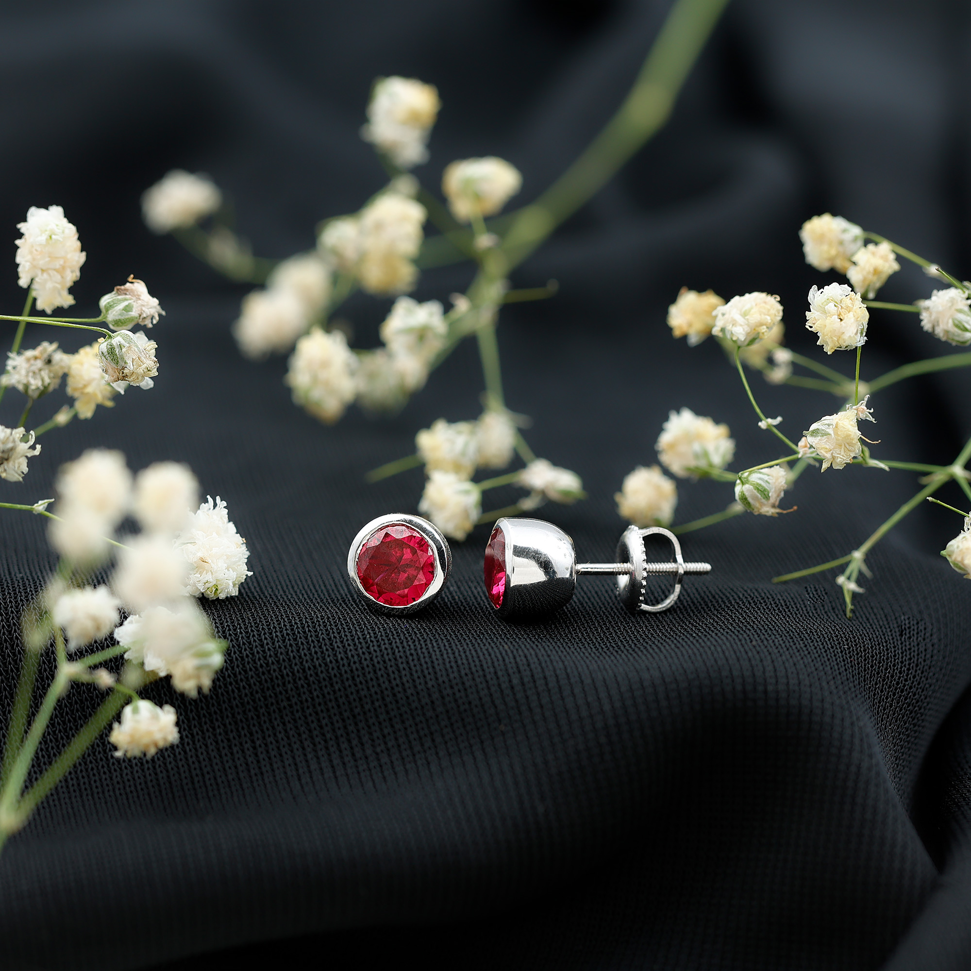thumbnail video image 2 of Rosec Jewels Solitaire Ruby Stud Earrings with Screw Back - 6 mm Created Ruby - AAAA Quality, 10K White Gold, 2 of 9
