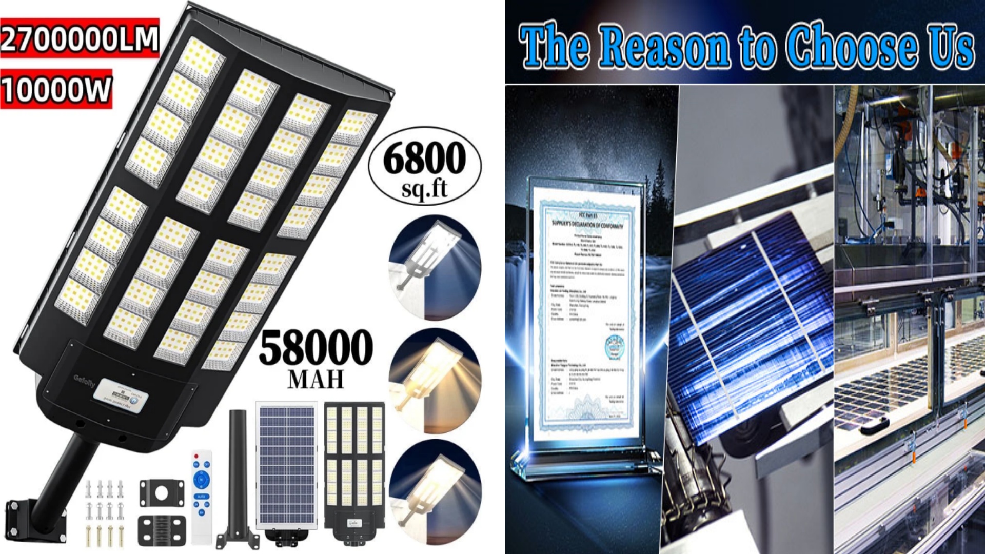 thumbnail video image 2 of Gefolly Solar Street Light 10000W, 2700000 LM w/Remote Control & Motion Sensor IP67 Flood Security Lights for Road,Yard,Barn, 2 of 13