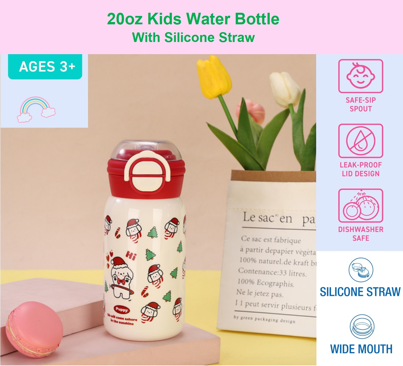 thumbnail video image 2 of RobinMax 20oz Kids Water Bottle with Silicone Straw Lid Leak-Proof,Spill Proof,Pop-Up Spout,Durable Plastic Water Bottle Convenient for Boys& Girls Kids School/Travel/Home Use, 2 of 8