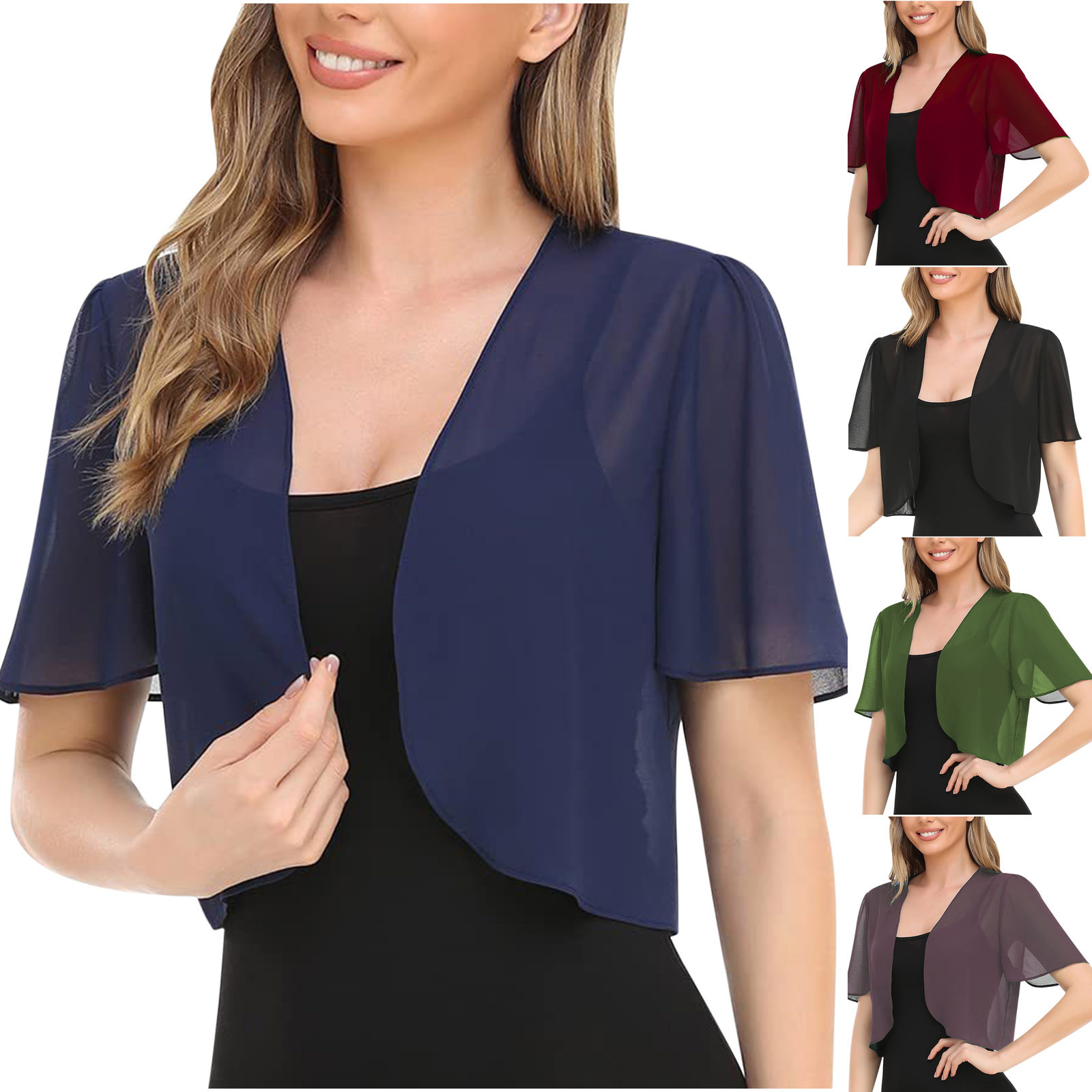 thumbnail video image 2 of WREESH Womens Cropped Cardigan Solid Soft Chiffon Open Front Short Sleeve Cardigans for Evening Dress Wine, 2 of 5