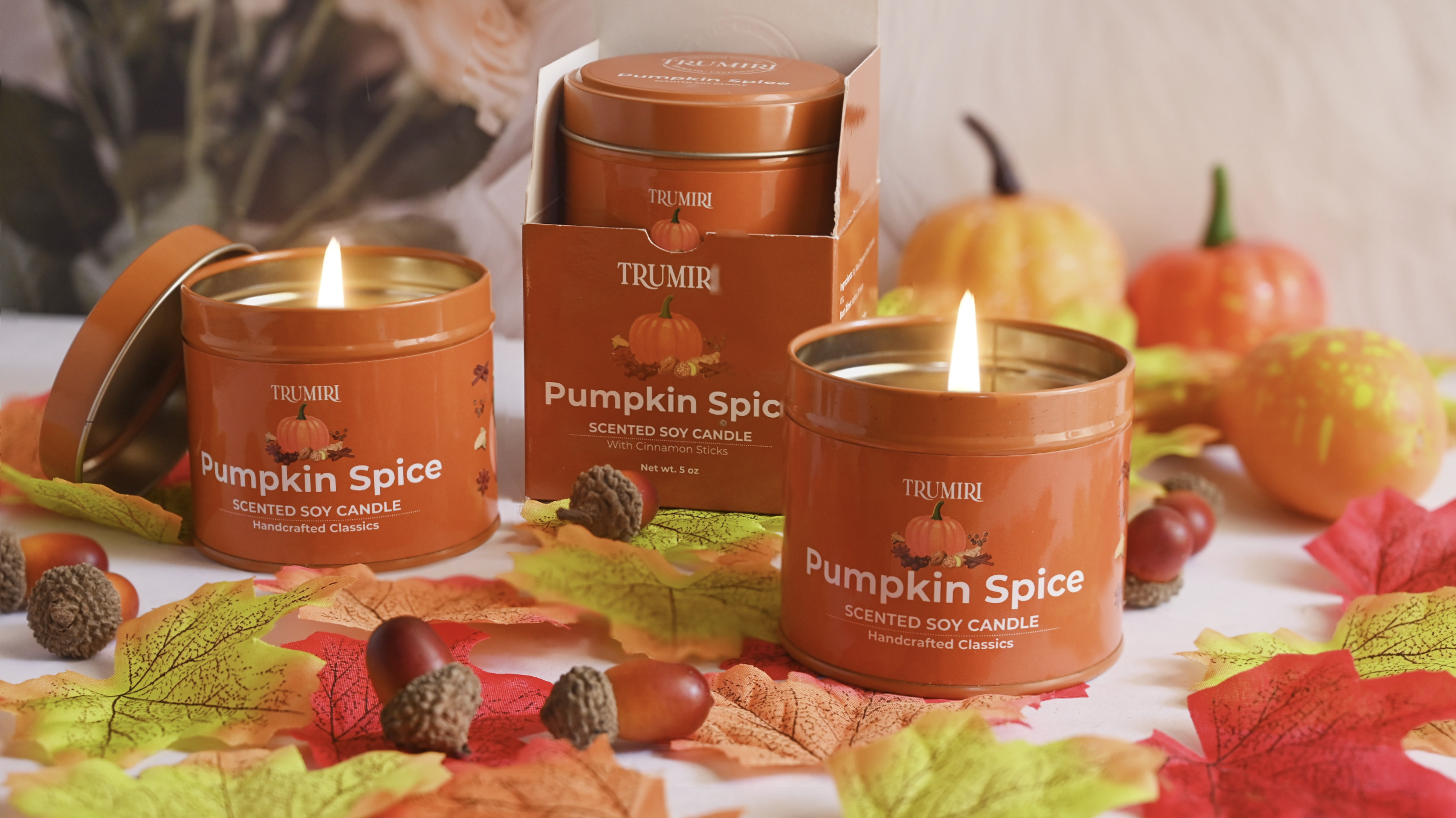 thumbnail video image 2 of Pumpkin Spice - Cinnamon Soy Candles for Home Scented - for Fall Halloween Thanksgiving Holidays - Pack of 3 x 5oz Natural Clean Non Toxic Long Lasting Highly Scented Candels with Essential Oils, 2 of 9