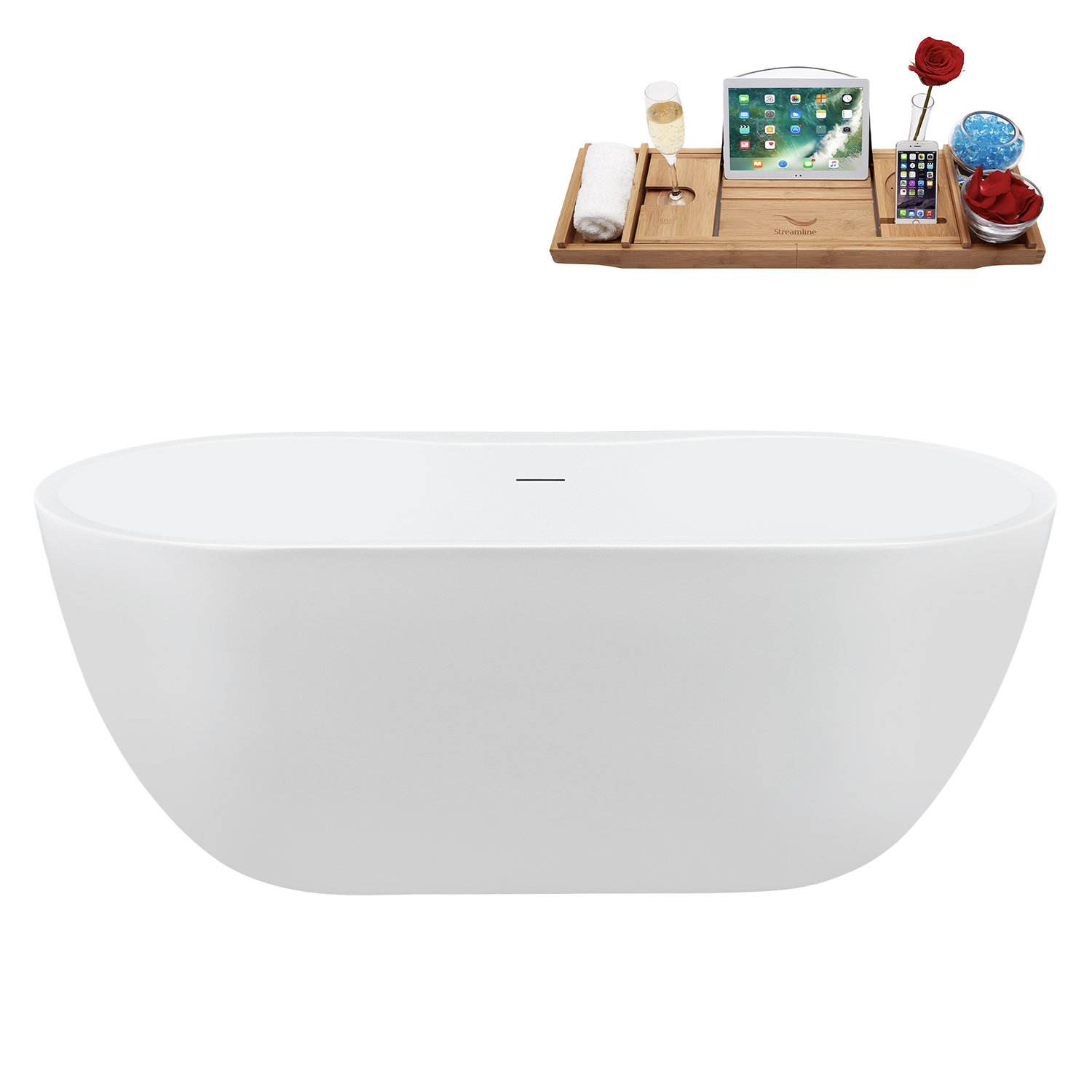 thumbnail video image 2 of Streamline 61" Freestanding Soaking Bathtub – Glossy White Acrylic Tub with Brushed Nickel Internal Drain and Bamboo Tray – Modern Design – 50 Gallon Capacity, 2 of 15