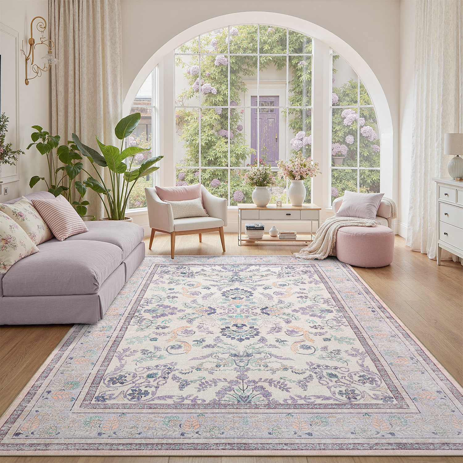 thumbnail video image 2 of 4x6 Washable Rug, Non-Slip, Stain-Resistant Low-Pile Vintage Floral Rug for Dining Room, Living Room, Bedroom, -Purple, 2 of 8