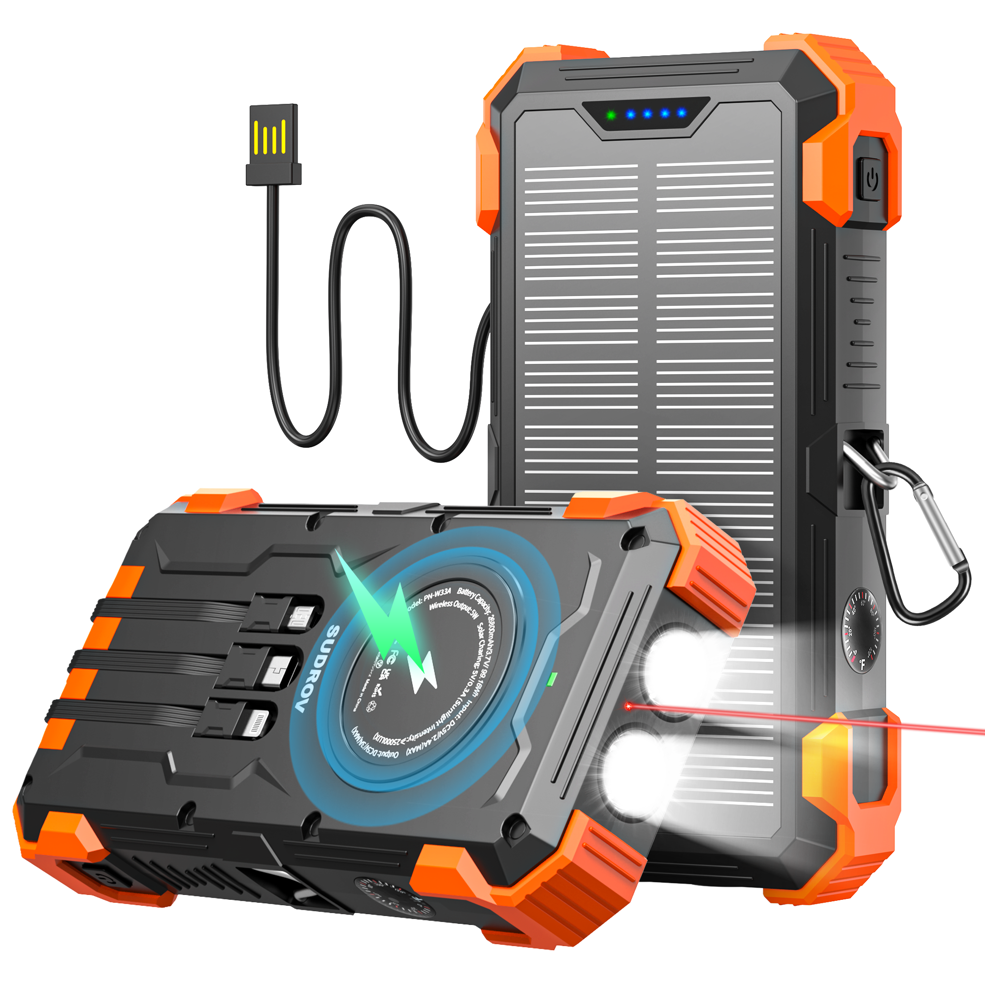 thumbnail video image 2 of LEO WAY 42800mAh IP65 Waterproof Solar Power Bank, Wireless USB-C Charger, QC3.0 15W Fast Charge, 4 Ports LED Flashlight for Camping Hiking Phones, 2 of 10