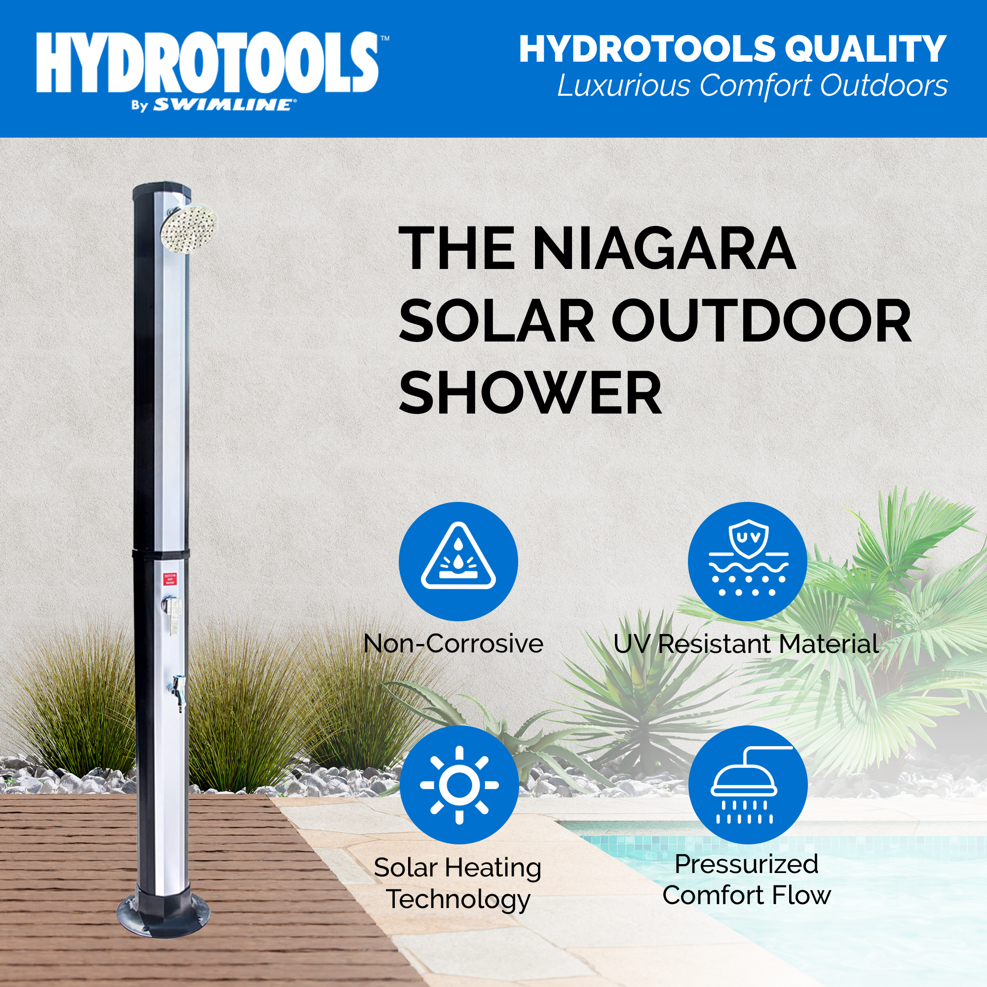 thumbnail video image 2 of Swimline HydroTools Niagara Rainfall 7 Foot Adjustable Outdoor Solar Shower, 2 of 8