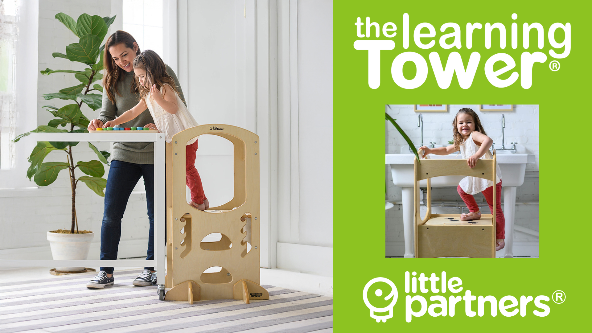 thumbnail video image 2 of Little Partners Learning Tower Adjustable Height Kitchen Step Stool, Toddler Tower, Encourages Learning, Independence, and Engagement, Safety Climbing Tower for Kitchen Counter - Natural, 2 of 8