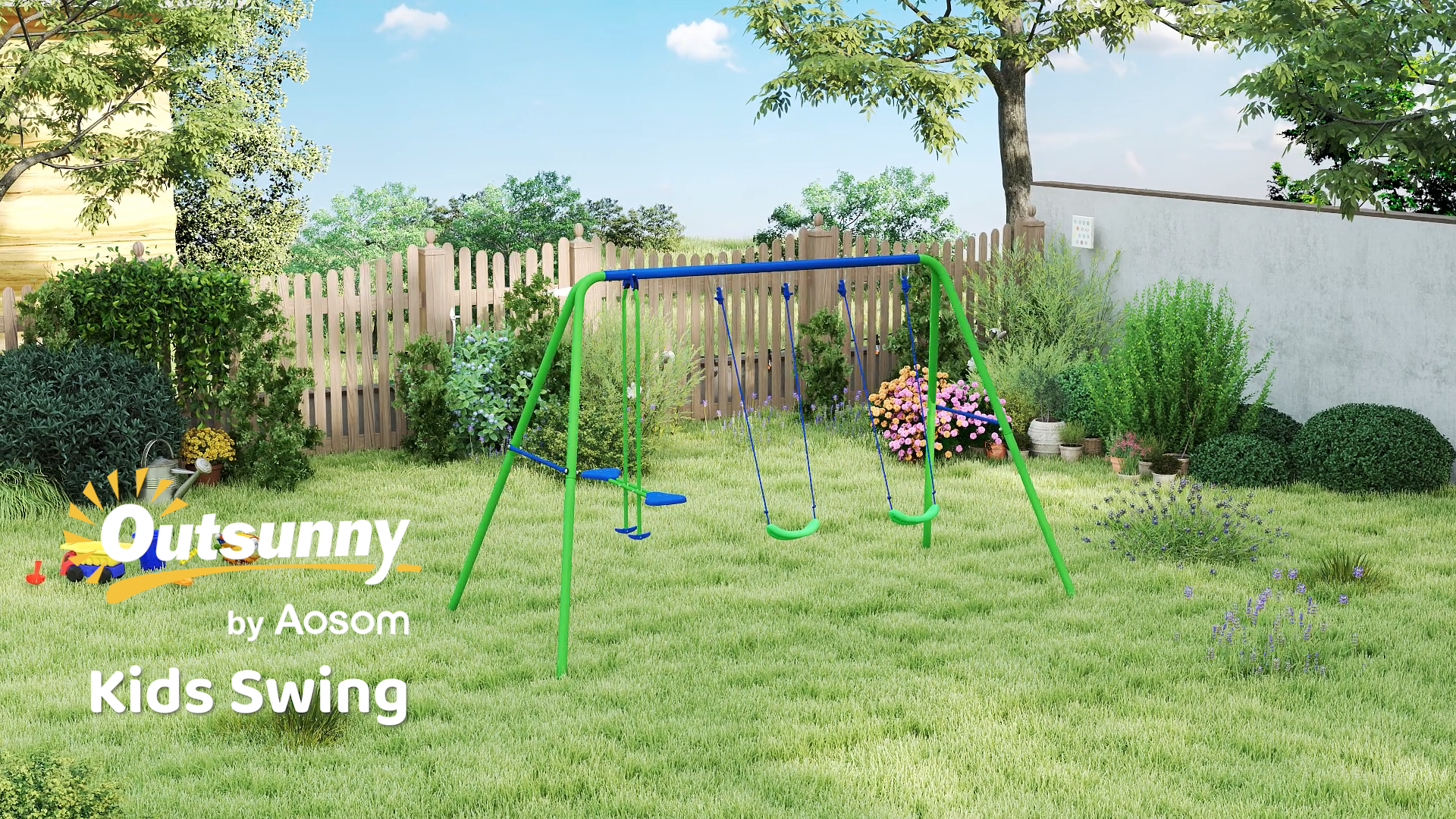 thumbnail video image 2 of Outsunny 2-in-1 Kids Metal Swing Set for Backyard, 2 of 9