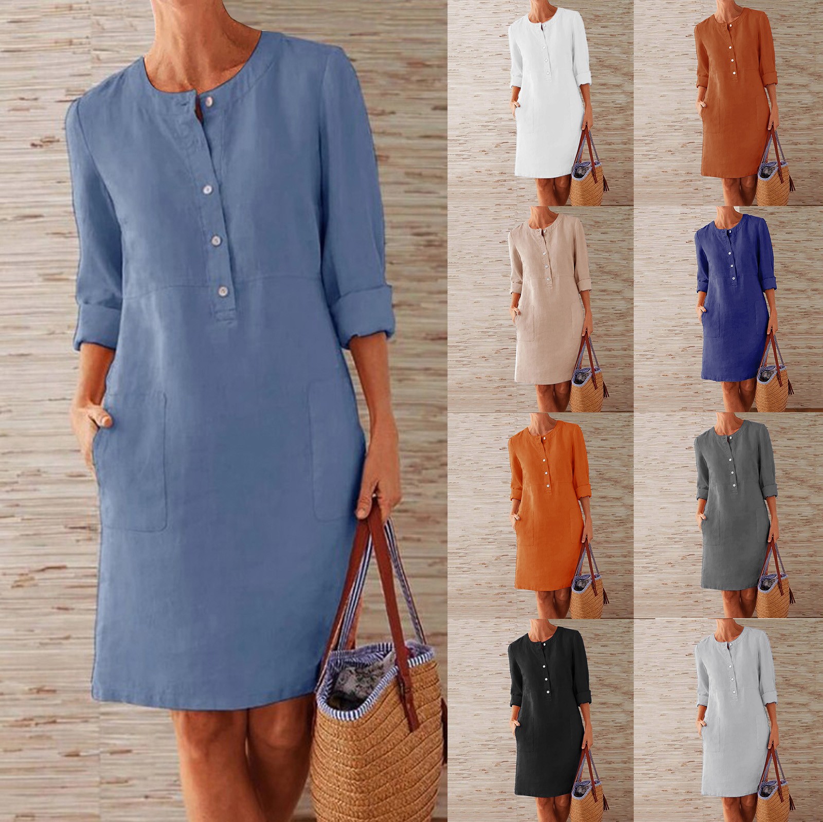 thumbnail video image 2 of GZWYHT Dresses for Women 2025,Plus Size Dresses Button Shirt Dress Crewneck Long Sleeve Casual Loose Dresses With Two Pockets Midi Dresses,Long Sleeve Dress,Khaki Dress,Linen Dresses M, 2 of 7
