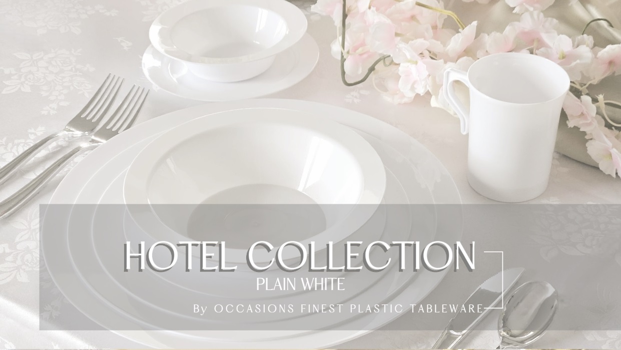 thumbnail video image 2 of " OCCASIONS " 640 Piece set (80 Guests)-Heavyweight Wedding Party Disposable Plastic Plate Set -80 x 10.5'' + 80 x 7.5'' +Silverware +Cups +linen like paper Napkins (Plain white), 2 of 9