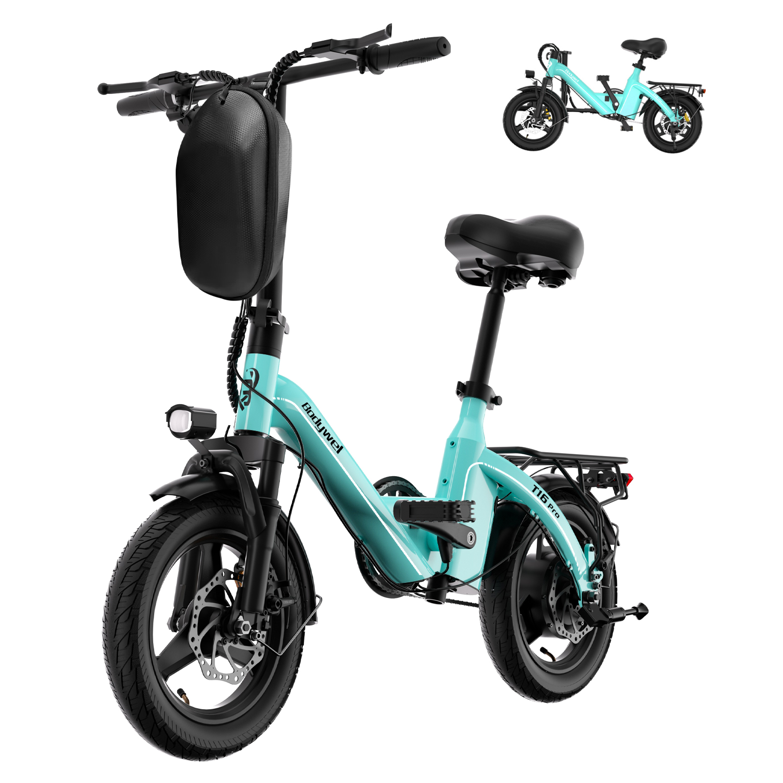 thumbnail video image 2 of Bodywel 14'' Foldable Electric Bike for Teens, 500W Motor 36V 10Ah Battery, Fast Ebike with Front Bike Bag, Mini Ebikes for City Commuter, UL2849, 2 of 11