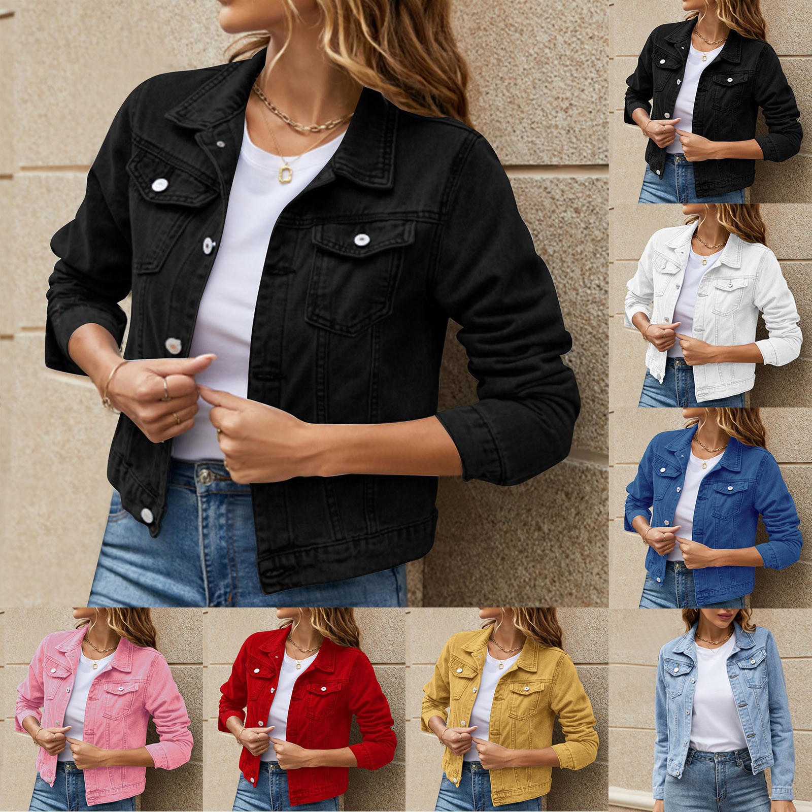 thumbnail video image 2 of Delayuji Denim Jackets for Women Trendy Women's Basic Solid Color Button Down Denim Cotton Jacket with Pockets Denim Jacket Coat Women's Denim Jackets Pink L, 2 of 10