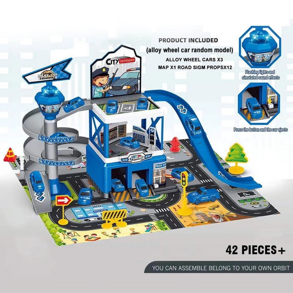 thumbnail video image 2 of Parking Garage Toy Playset, Race Car Ramp Track with 3 Alloy Adventure Track for Toddler, Gifts for Age 3-7 Kids-Blue, 2 of 9