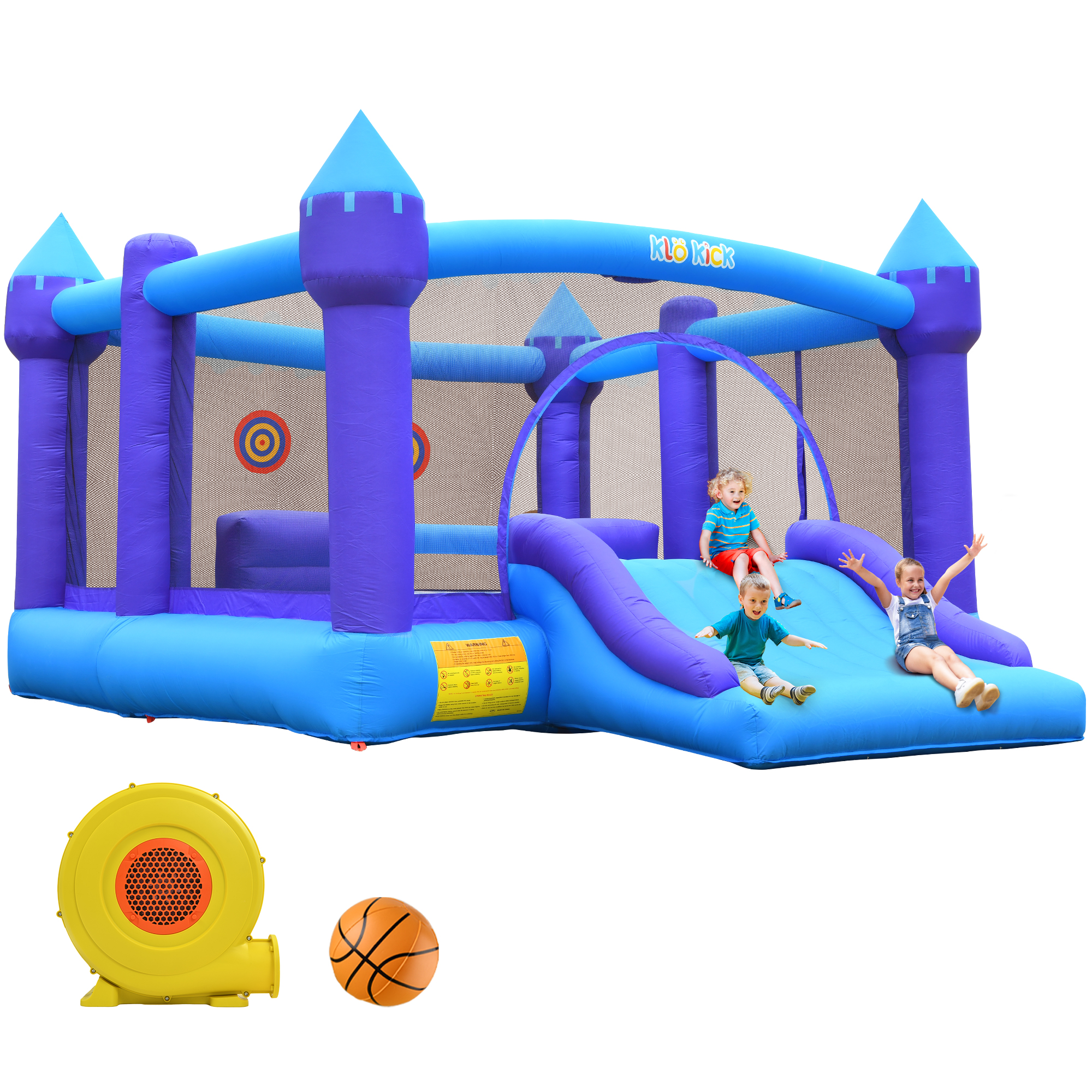 thumbnail video image 2 of KloKick 15x12 FT Inflatable Bounce House with Slide & Blower, Large Bouncy Castle for 3–10 Year Old Kids, Outdoor Playhouse with Basketball Hoop & Safety Net, Blue, 2 of 10