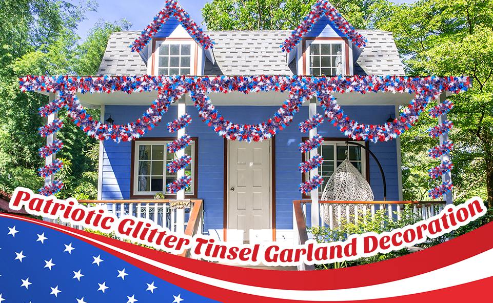 thumbnail video image 2 of 4th of July Garland Decorations,40Ft Glitter Tinsel Patriotic Decor for Tree Car Golf Cart Parade Float Bike Party Table Yard Door Boat Indoor Outdoor Holiday Home, 2 of 11