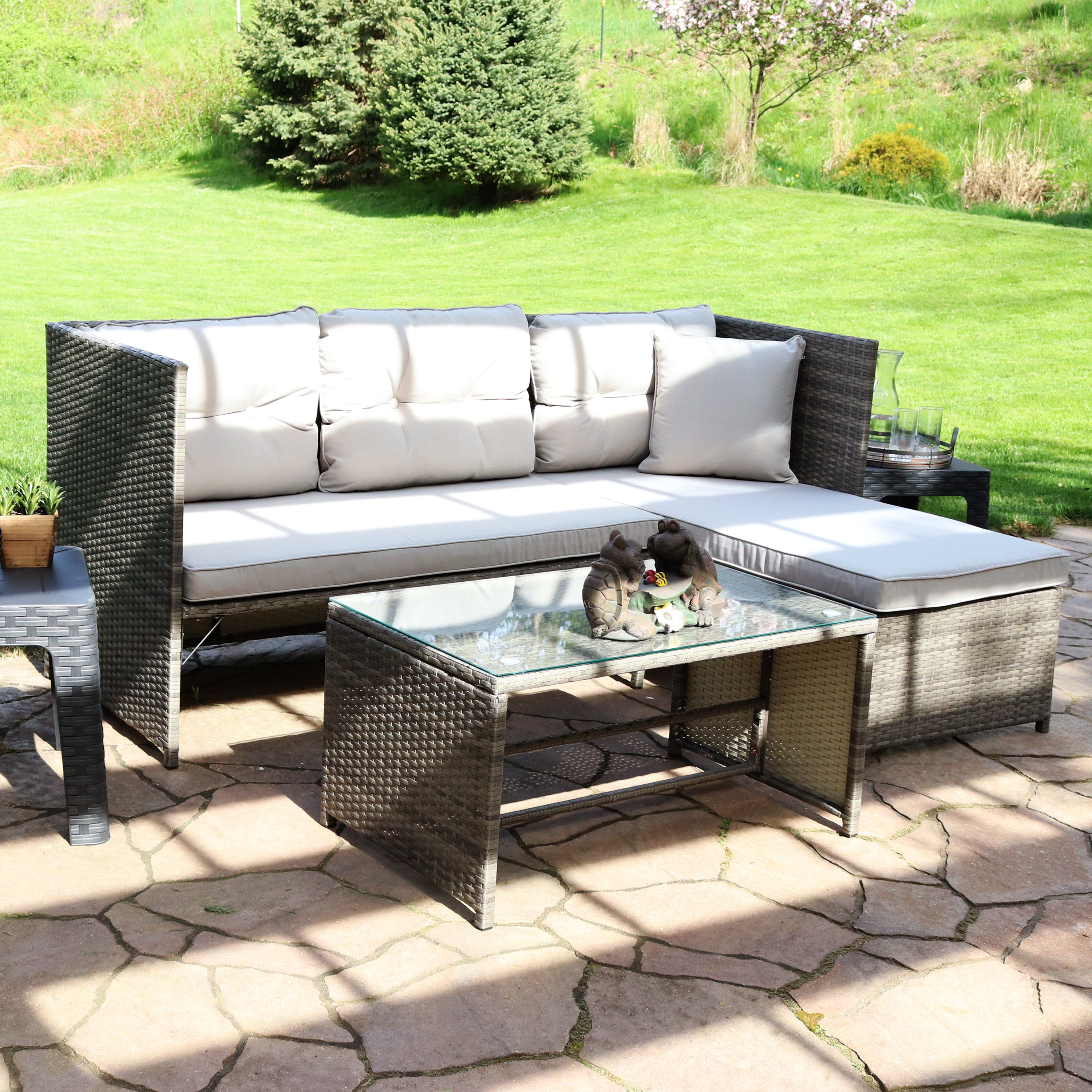 thumbnail video image 2 of Sunnydaze Outdoor Rattan Longford Patio Conversation Set with Chaise Lounge Sectional Sofa, Seat Cushions, and Coffee Table - Slate Gray - 4pc, 2 of 13