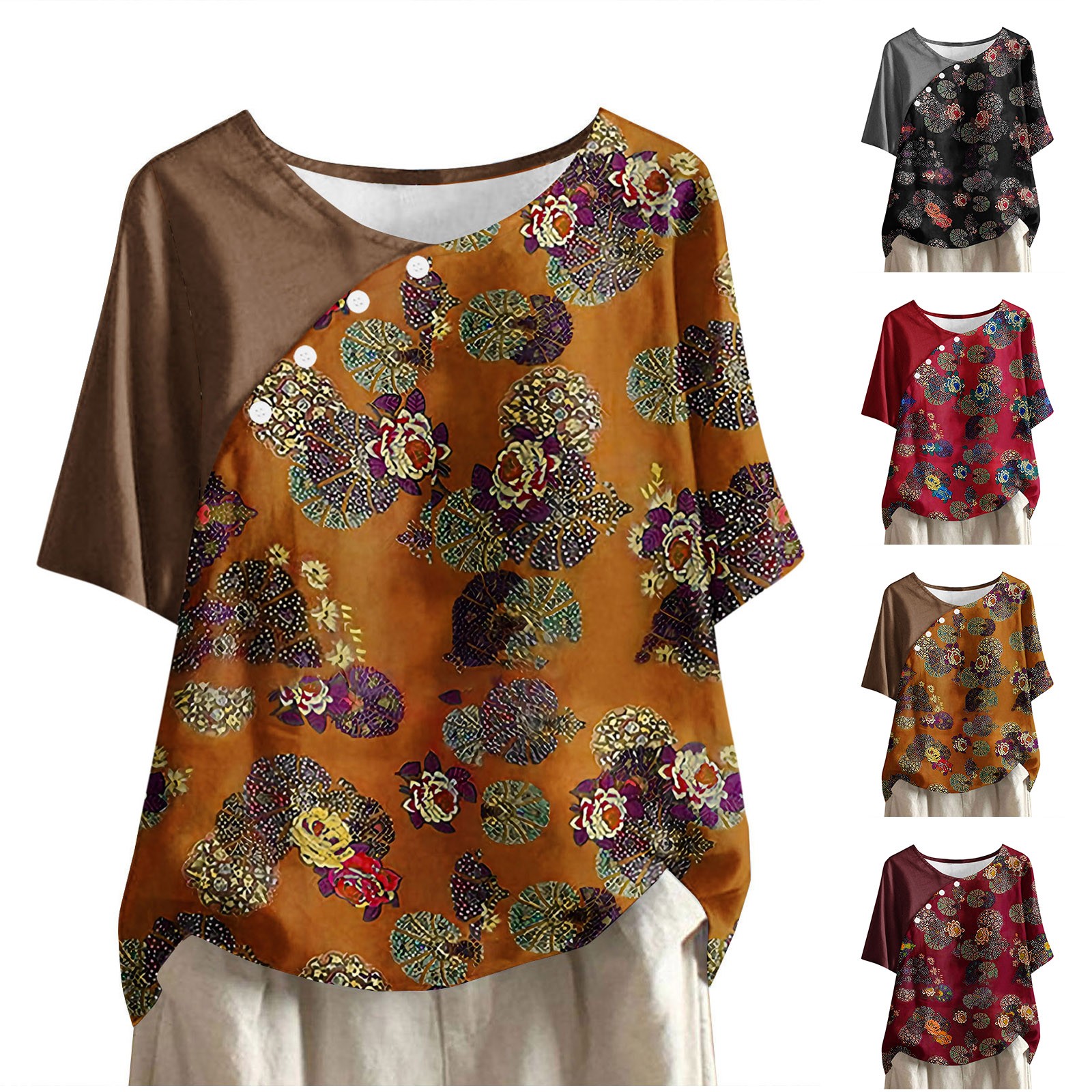 thumbnail video image 2 of WREESH Womens T-Shirts Casual Floral Print Pullover Round Neck Short Sleeved Top Orange, 2 of 6