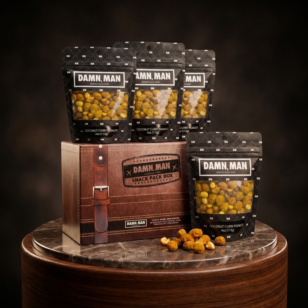 thumbnail video image 2 of Damn, Man Coconut Curry Peanuts Snack pack - 4 Bags of Gourmet Nuts 4 oz. Each - 1 lb Total, 2 of 7