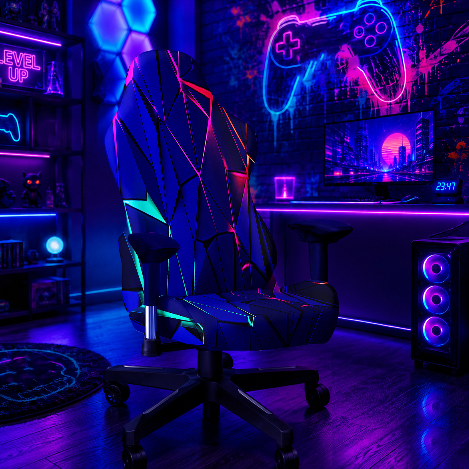 thumbnail video image 2 of Simpkeely Blacklight Gaming Chair Cover – UV Reactive Neon Geometric Pattern Desk Chair Slipcover, Glow in The Dark Stretch Washable Chair Protector for Esports Chairs, Gamer Room Decor, 2 of 7