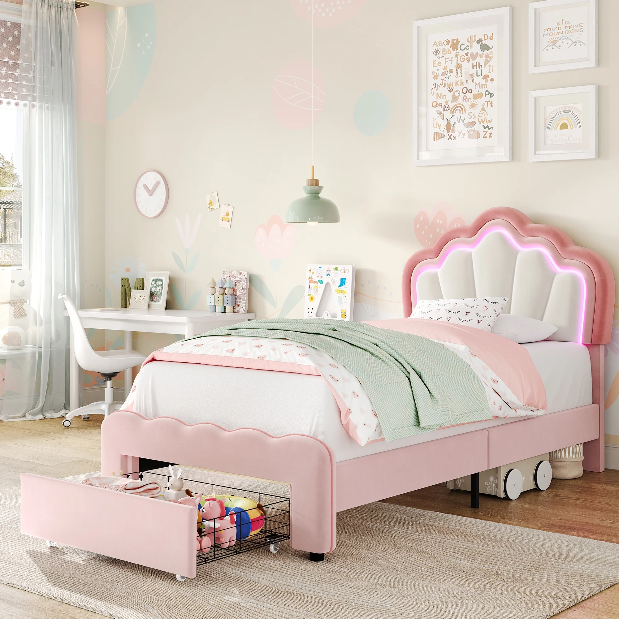 thumbnail video image 2 of Homfa Twin Size LED Bed Frame with Drawer, Velvet Upholstered Platform Bed Frame with Adjustable Petal Headboard for Kid, Pink, 2 of 9