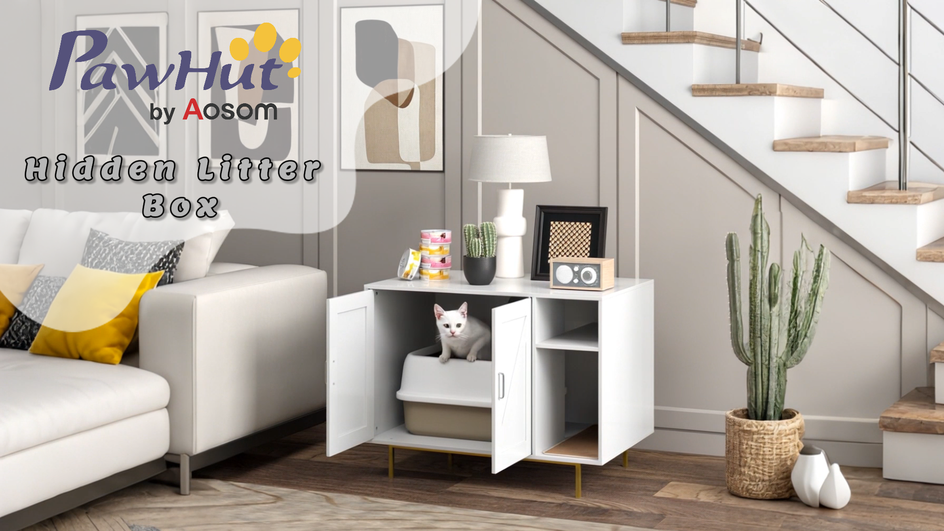 thumbnail video image 2 of PawHut Cat Litter Box Enclosure, Kitty Litter Box Furniture End Side Table with Scratching Pad, Storage, for Living Room, Bedroom, 31.5" x 20" x 24", 2 of 10